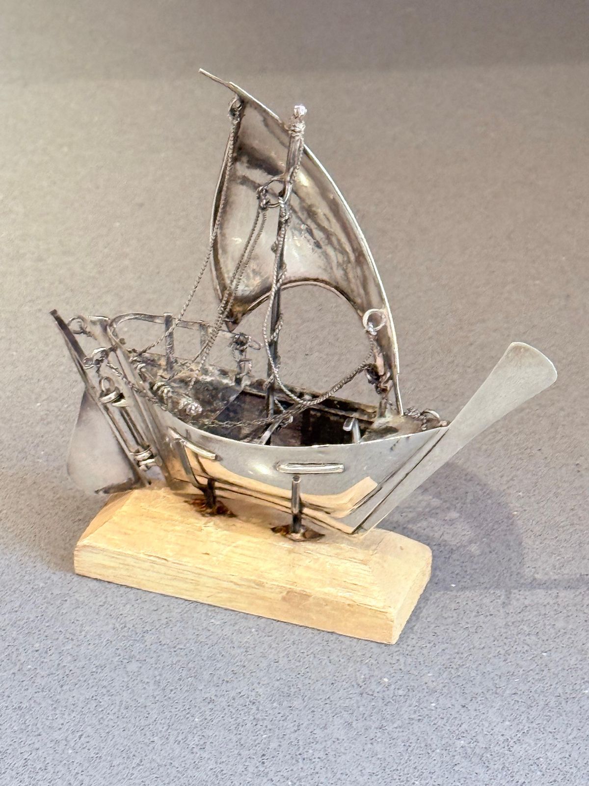 Vintage Silver Plated Sailing Ship Sculpture On Wooden Base, Nautical Décor photo buy