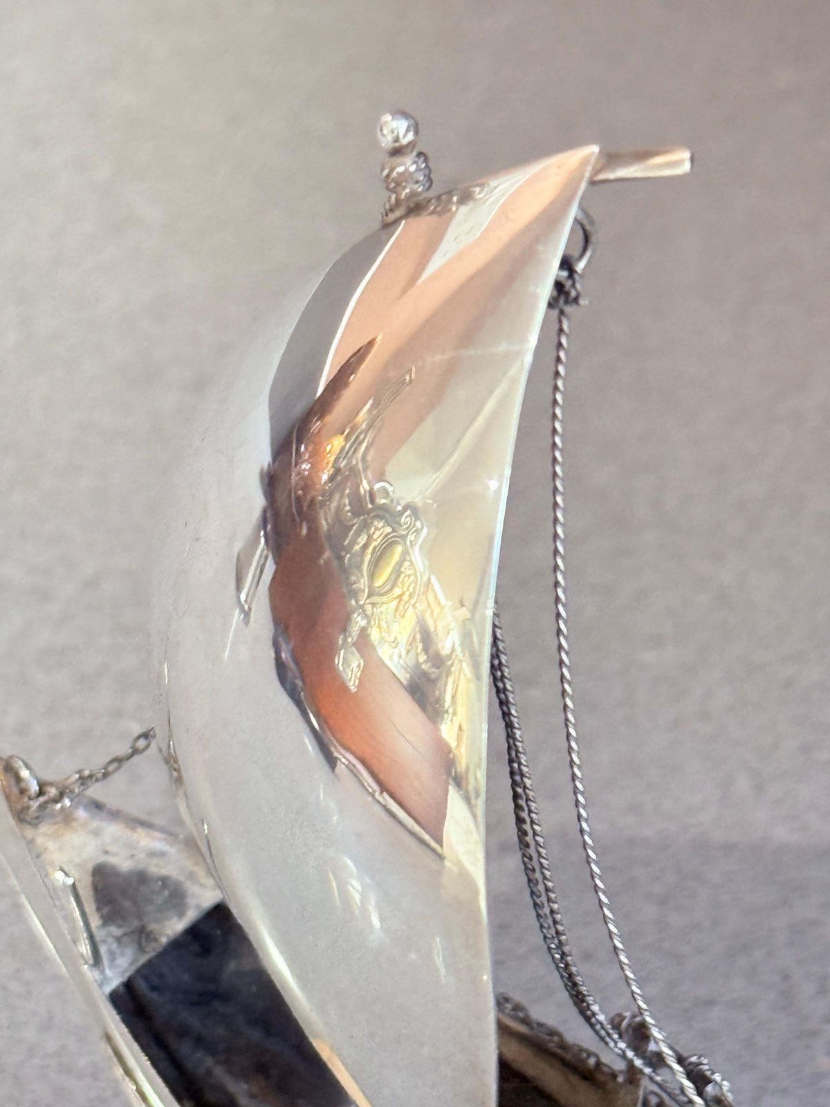 Vintage Silver Plated Sailing Ship Sculpture On Wooden Base, Nautical Décor photo vintage