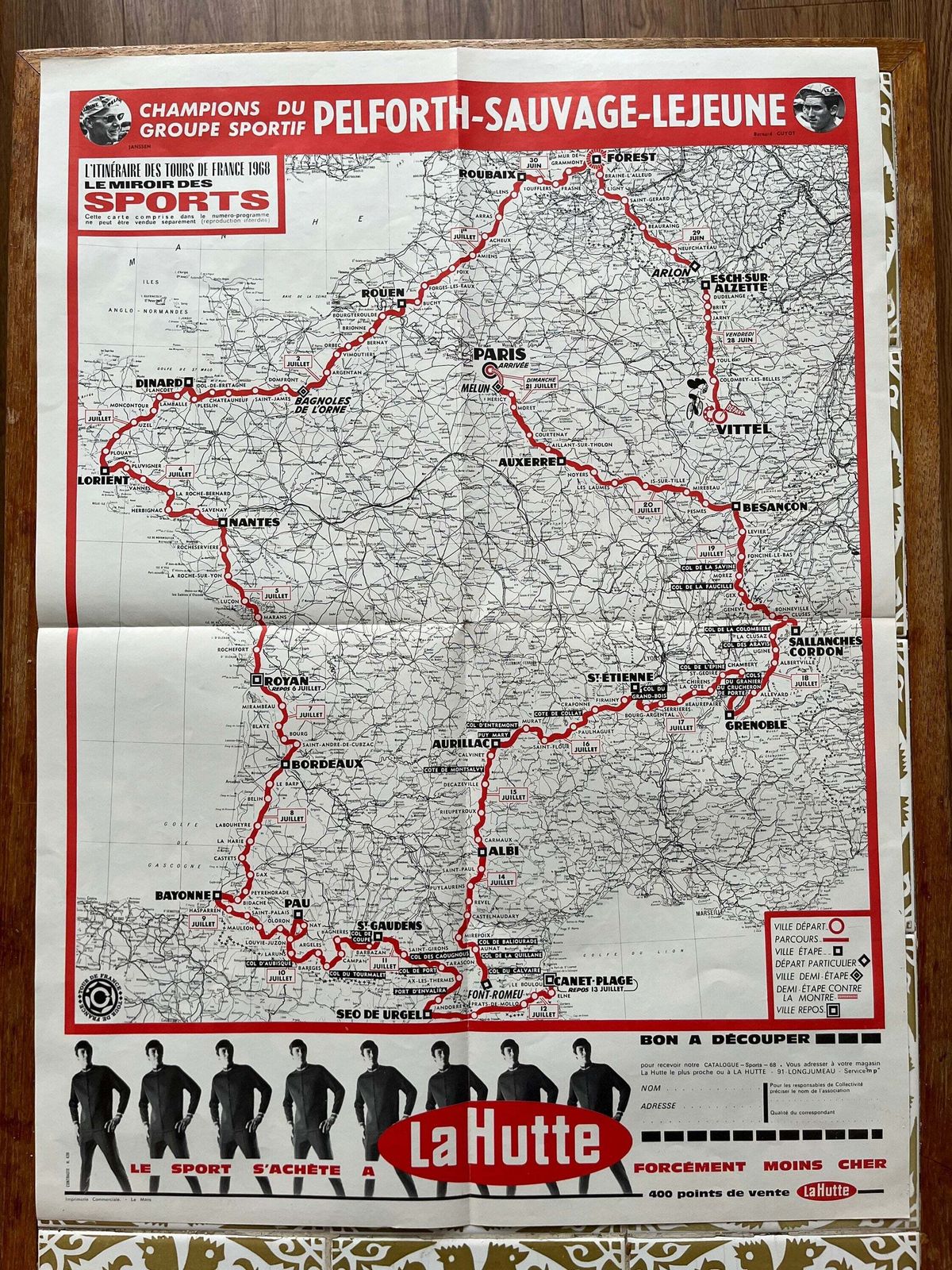 Vintage Cycling Print   Tour De France Route Map, 1968 photo vinterior