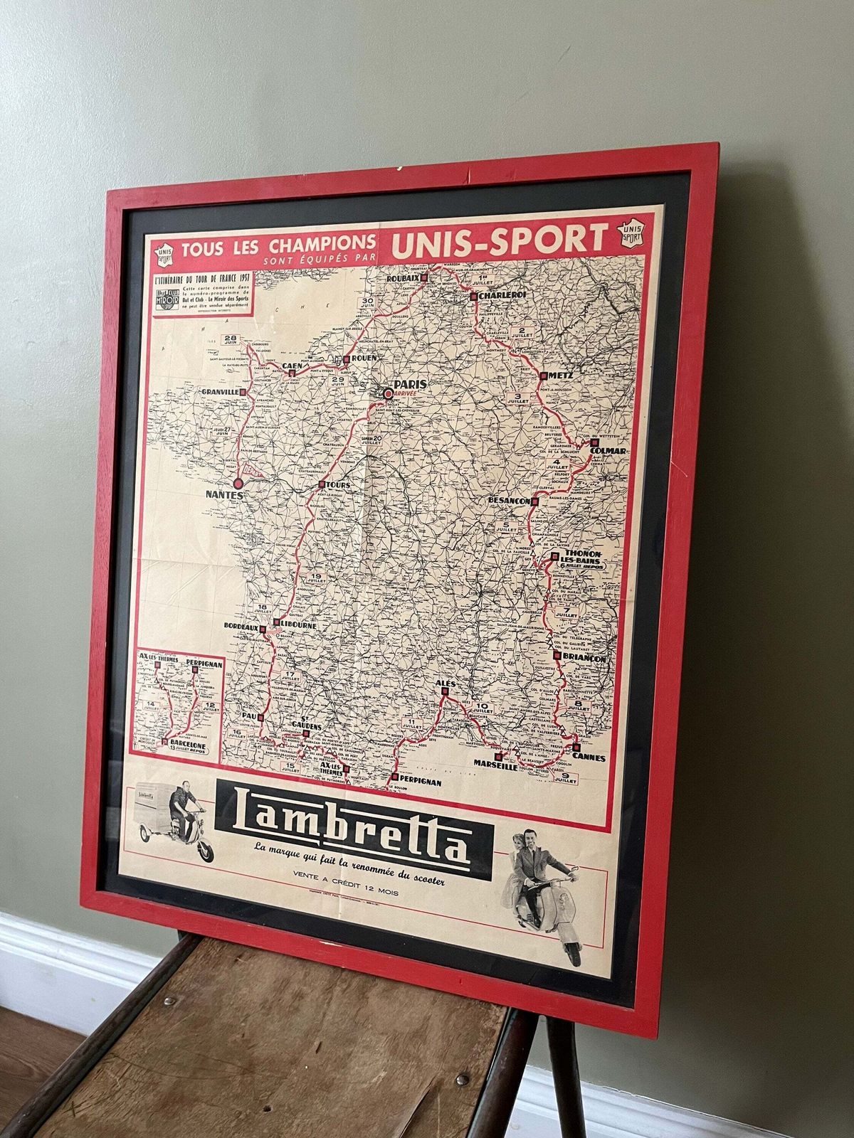 Vintage Tour De France Route Map   Lambretta Sponsored, 1957 photo Art