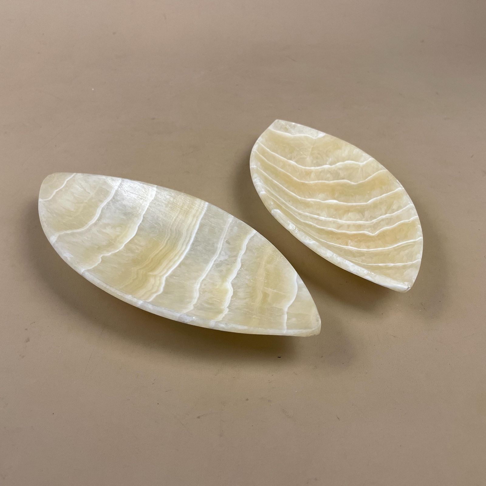Pair Of 2 Onyx Marble Dishes Decorative Vanity Small Tray Stone Jewellery Display Dressing Table Decor Striped Beige Set Plate Bowl Pattern photo for sale