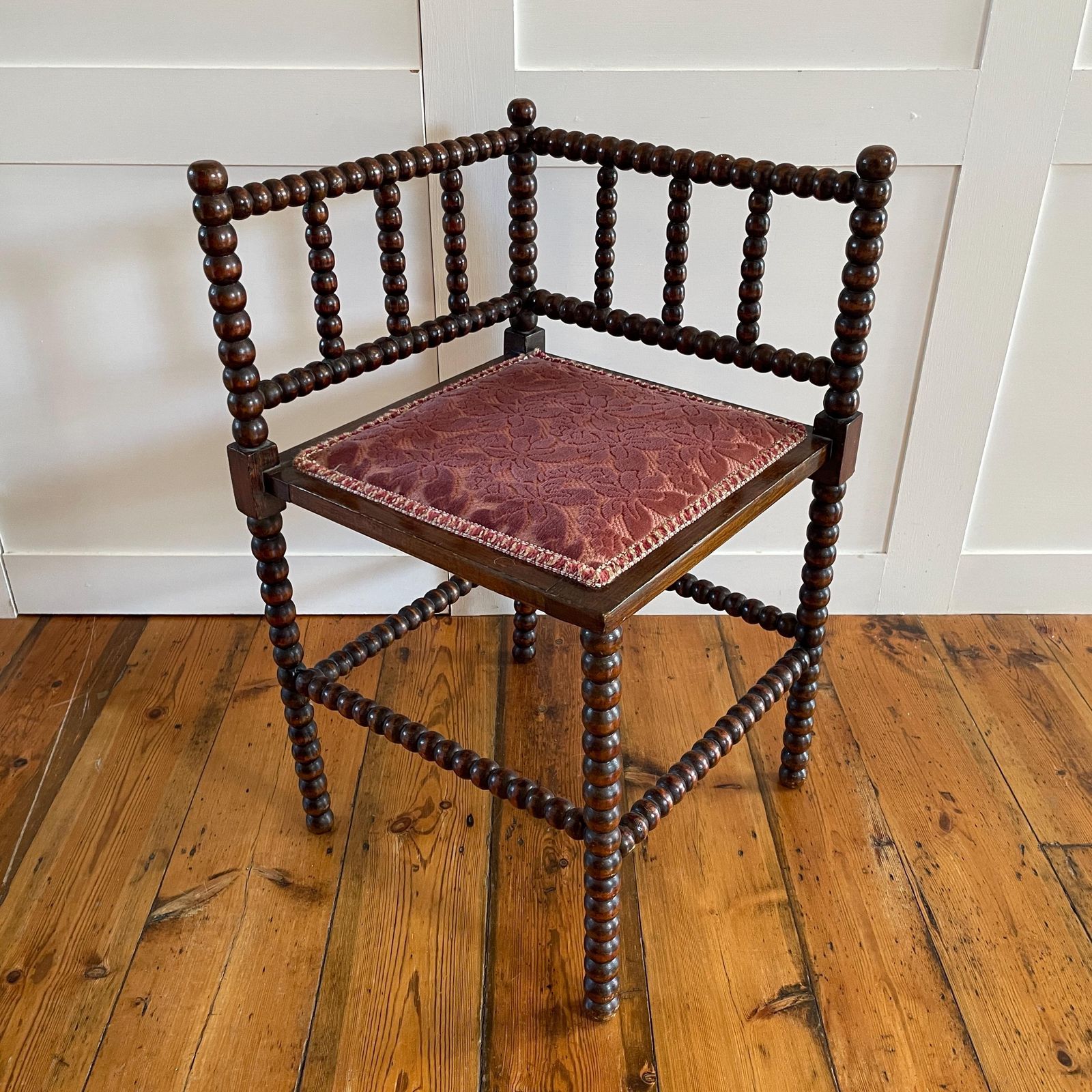Antique Bobbin Chair Seat Armchair Vintage Wooden Wood Frame Fabric Velvet Upholstery Country Cottage Farmhouse Corner Pink Bobble Nursery