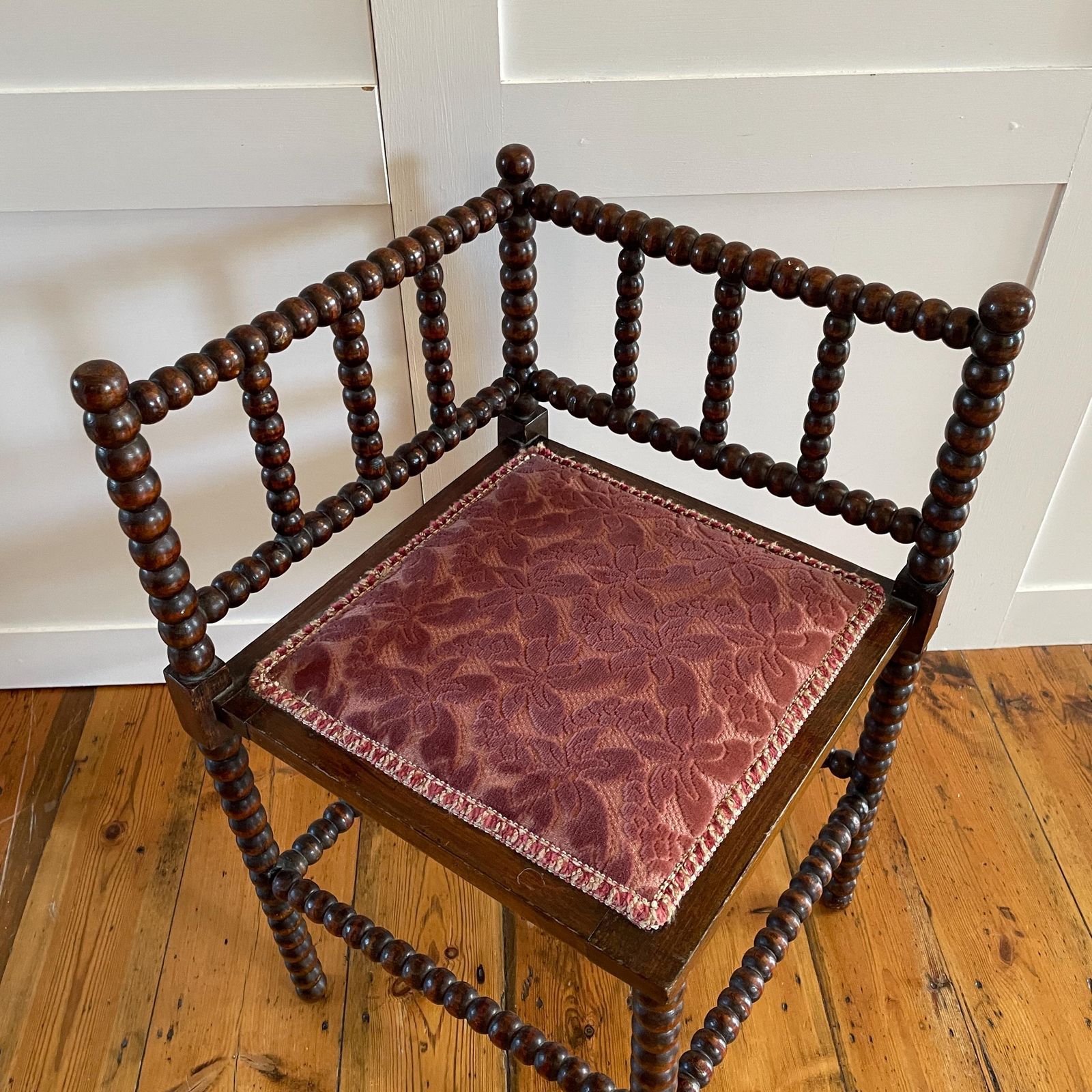 Antique Bobbin Chair Seat Armchair Vintage Wooden Wood Frame Fabric Velvet Upholstery Country Cottage Farmhouse Corner Pink Bobble Nursery photo for sale