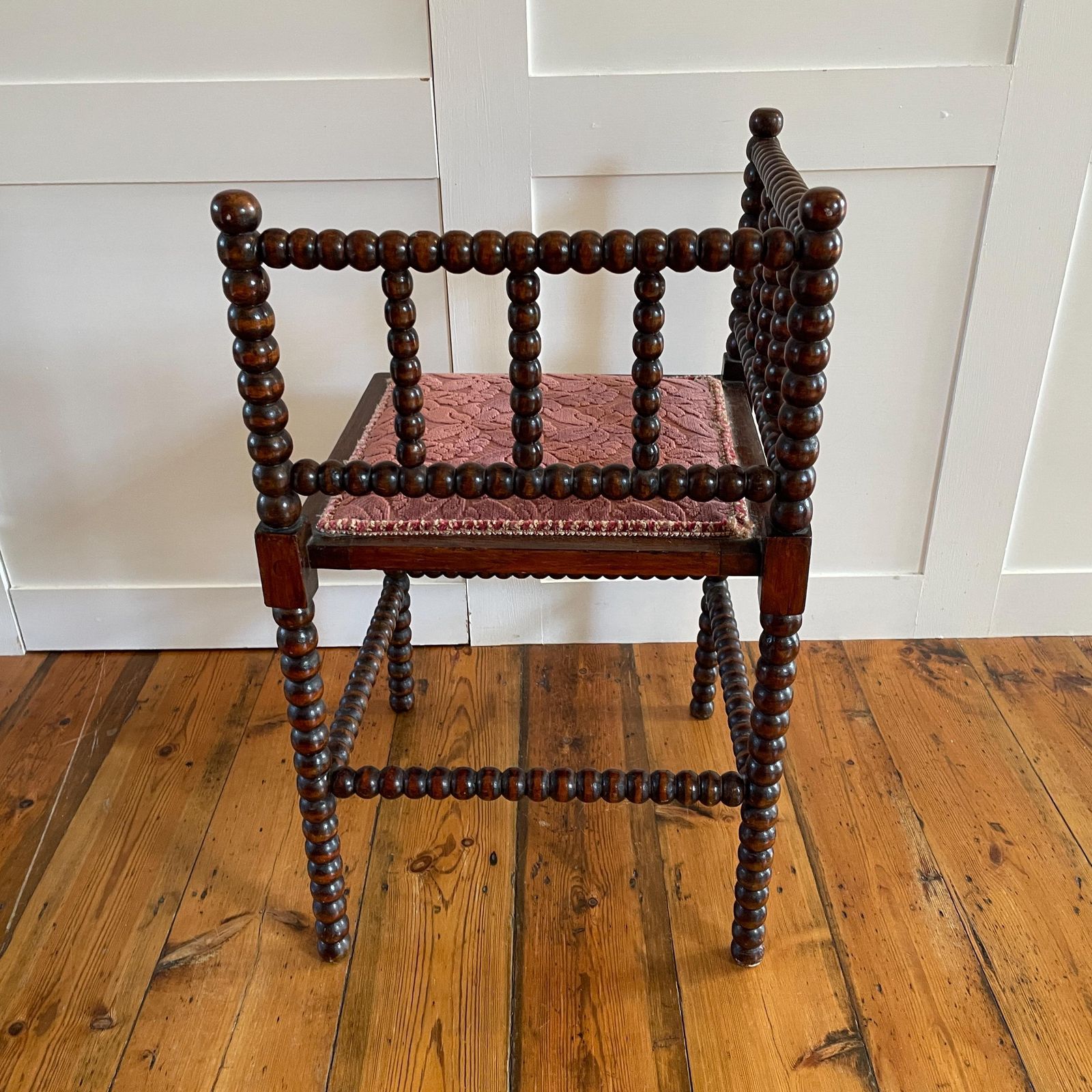 Antique Bobbin Chair Seat Armchair Vintage Wooden Wood Frame Fabric Velvet Upholstery Country Cottage Farmhouse Corner Pink Bobble Nursery photo buy