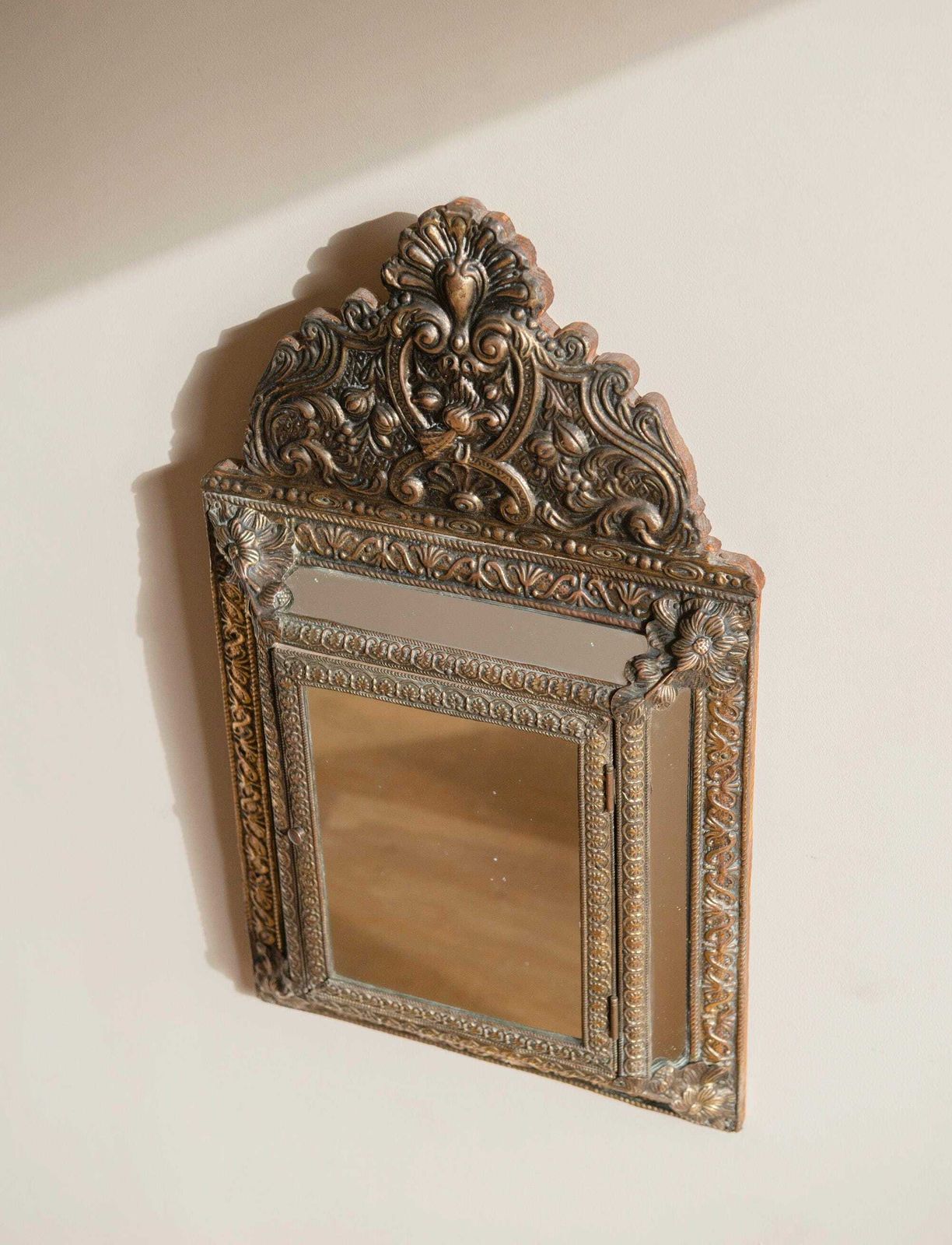 Antique French Brass Mirror With Floral Crest – Ornate Repoussé Vanity Cabinet photo furniture