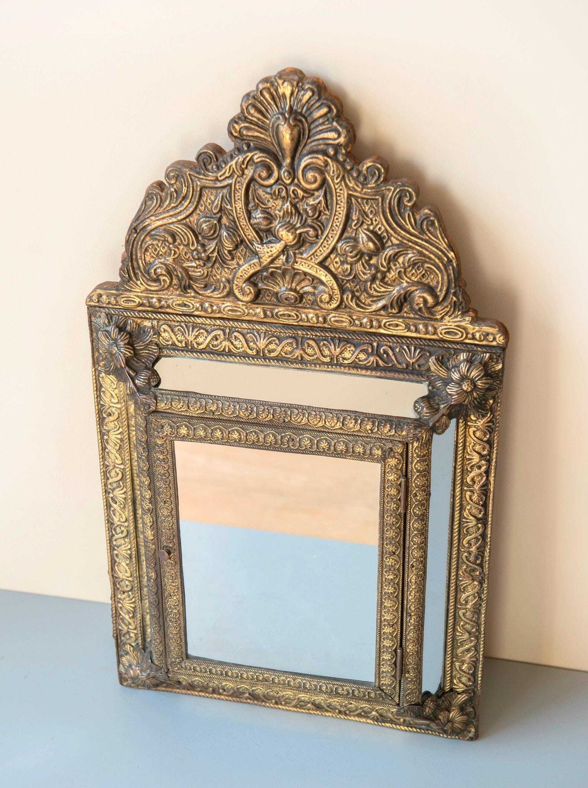 Antique French Brass Mirror With Floral Crest – Ornate Repoussé Vanity Cabinet photo Furniture