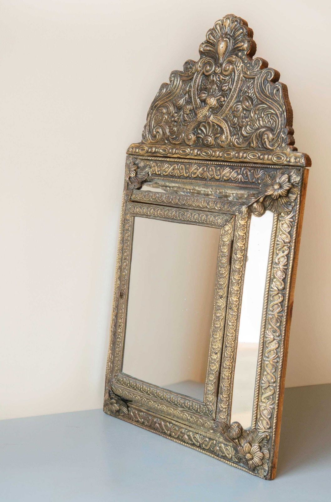 Antique French Brass Mirror With Floral Crest – Ornate Repoussé Vanity Cabinet photo vintage