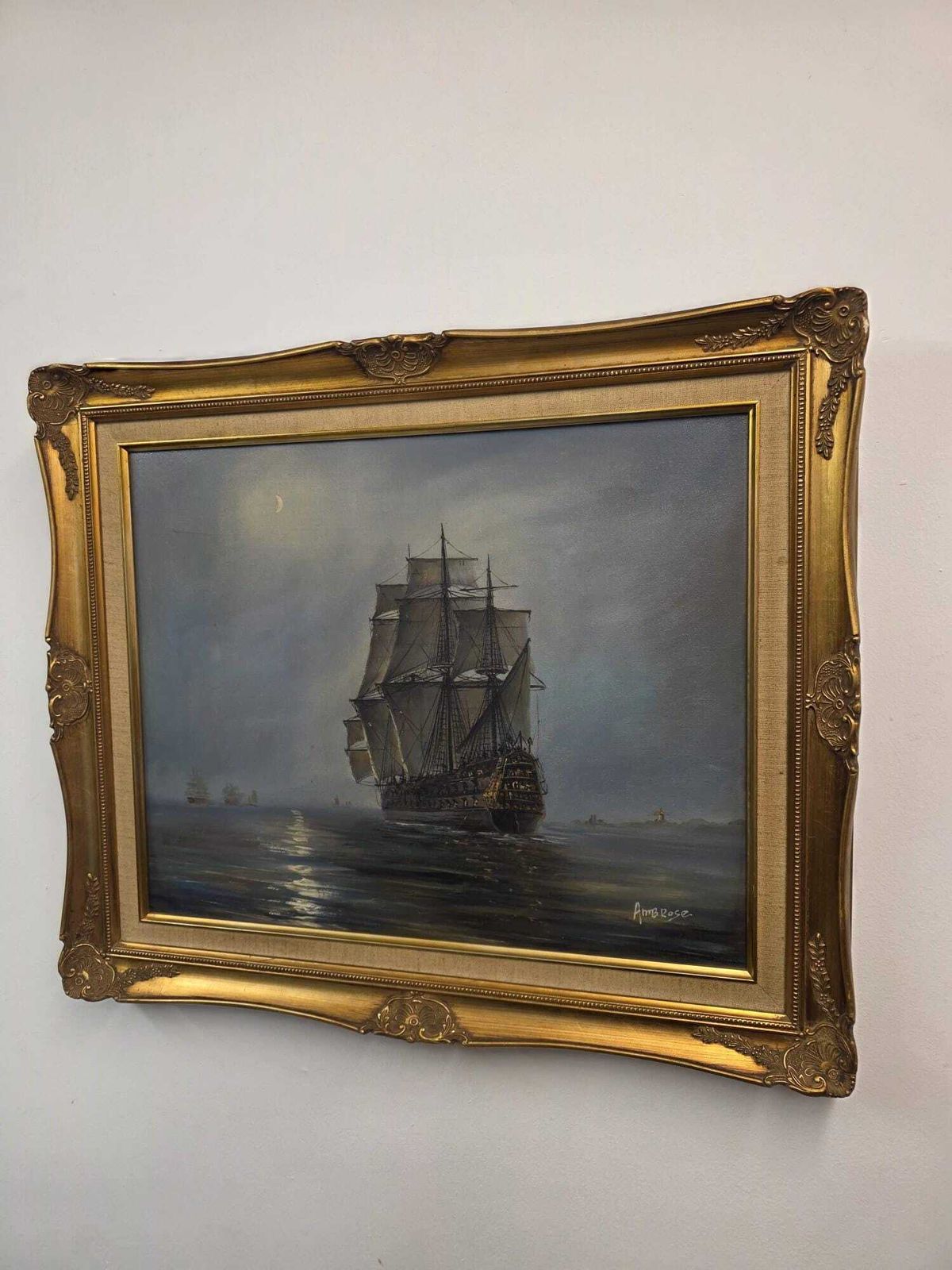 photo furniture Vintage Oil Painting / Sailing Ship By Ambrose / Framed Maritime Artwork / C1970