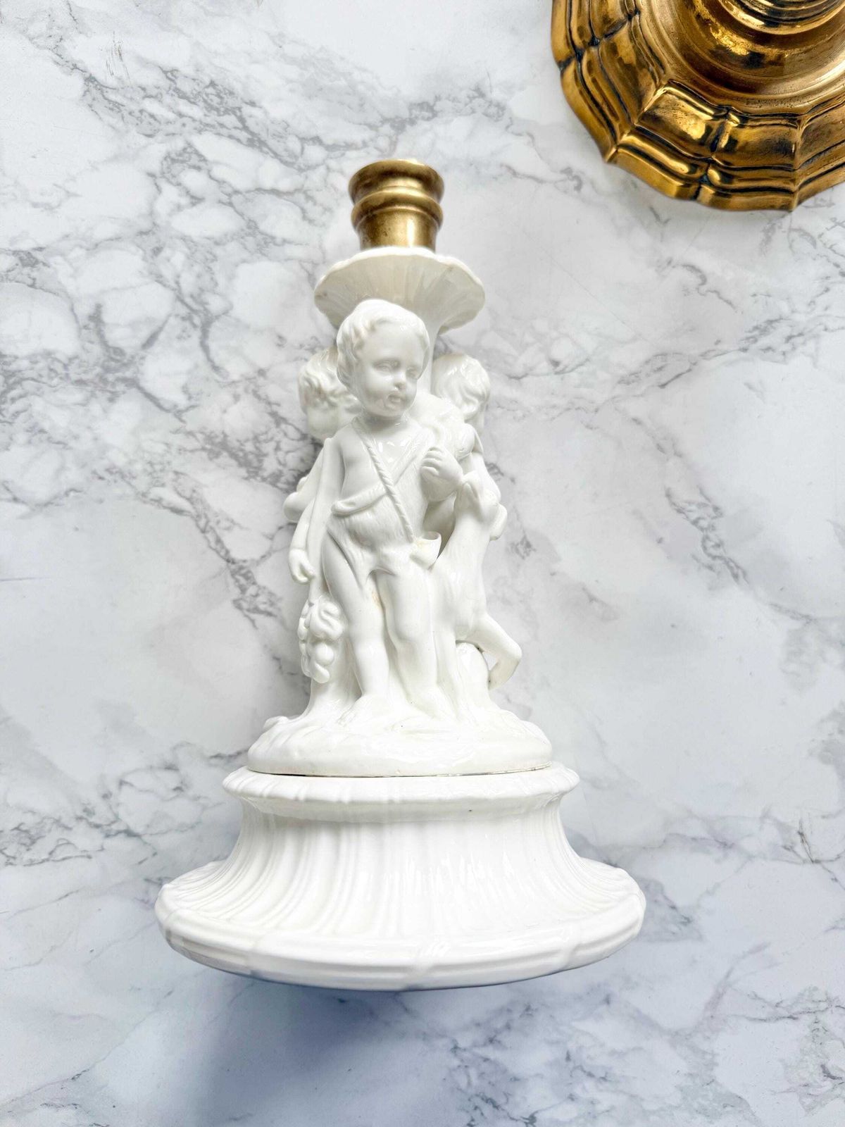 Antique Cherub Porcelain Blanc De Chine Candlestick Allegory Fishing Gathering Hunting Bronze Mount Early 1800 Sculpture