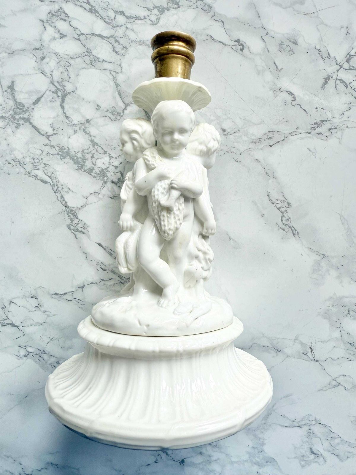 Antique Cherub Porcelain Blanc De Chine Candlestick Allegory Fishing Gathering Hunting Bronze Mount Early 1800 Sculpture photo furniture