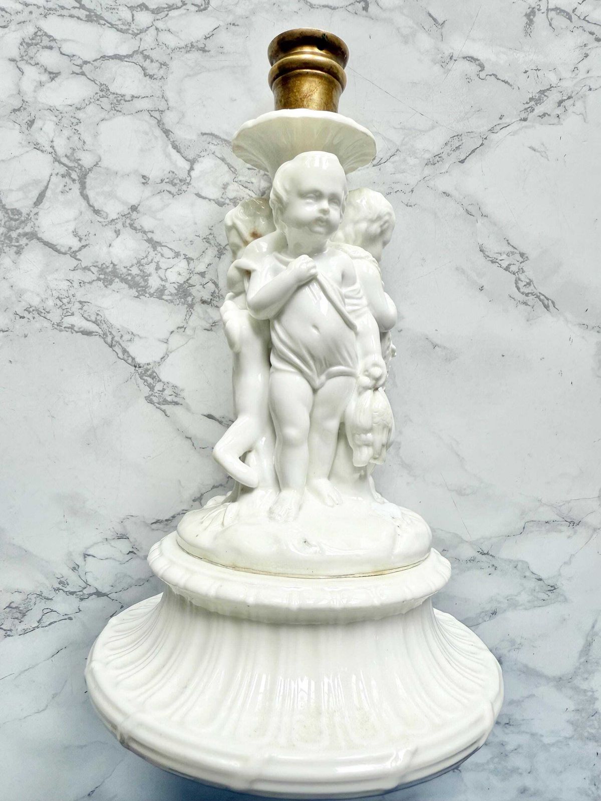 Antique Cherub Porcelain Blanc De Chine Candlestick Allegory Fishing Gathering Hunting Bronze Mount Early 1800 Sculpture photo for sale