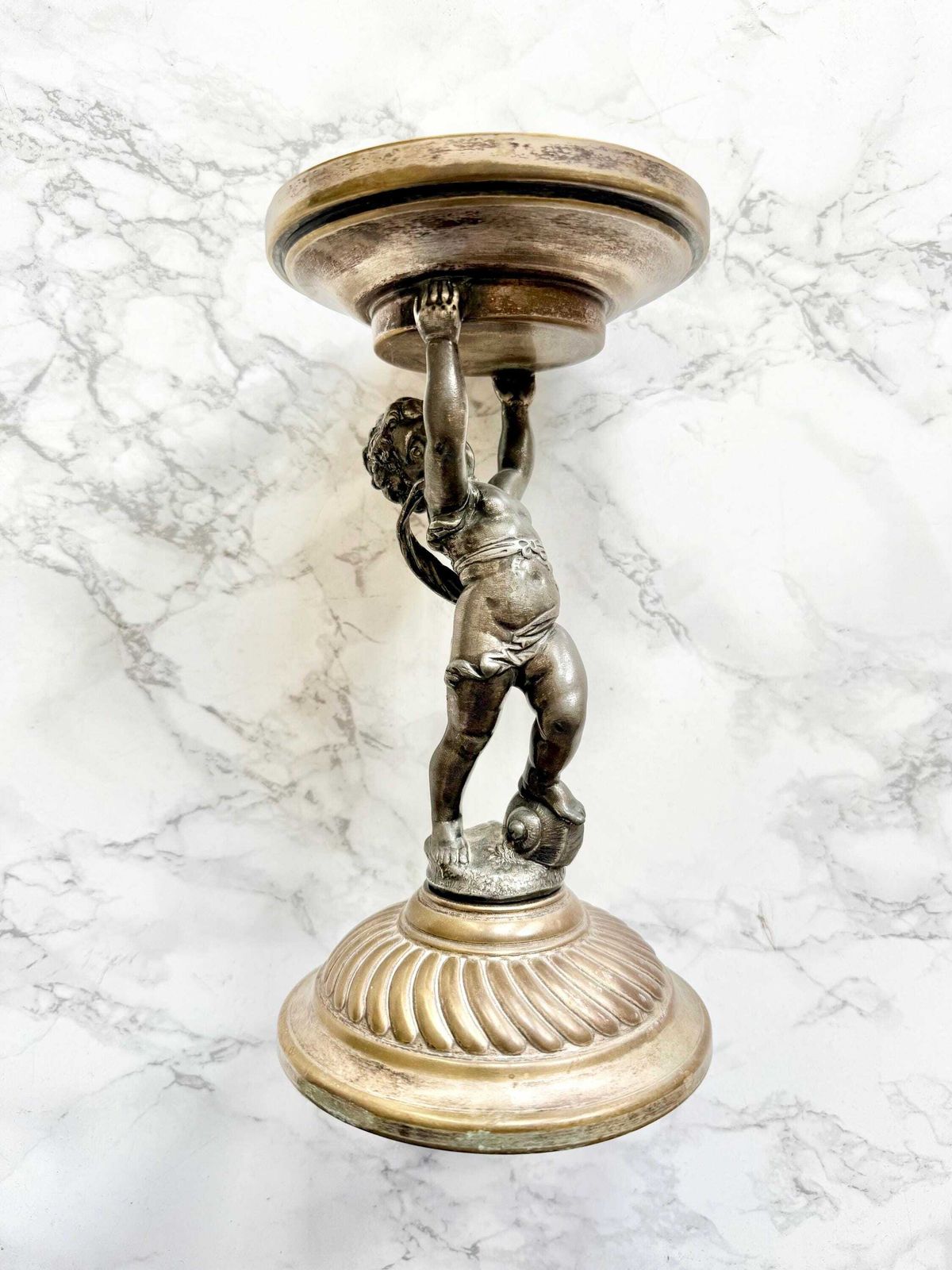 Antique Putto Sculpture Figurine Pedestal Stand Decorative Foot Grand Tour Cabinet Of Curiosity Display Top Table Decor Silver Bronze