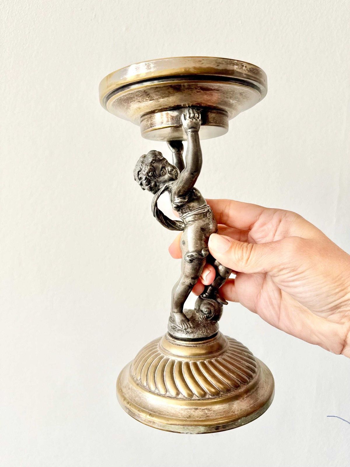 Antique Putto Sculpture Figurine Pedestal Stand Decorative Foot Grand Tour Cabinet Of Curiosity Display Top Table Decor Silver Bronze photo buy