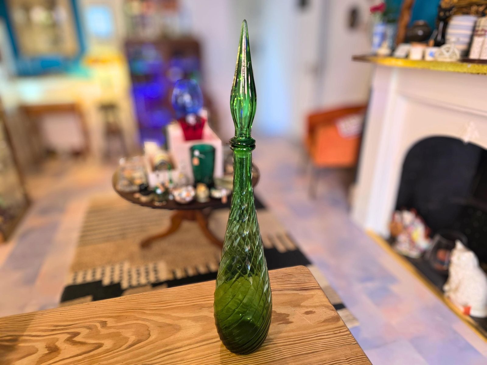 Vintage Green Glass Large Genie Bottle   Italian Empoli With Spiral Lines   57cm