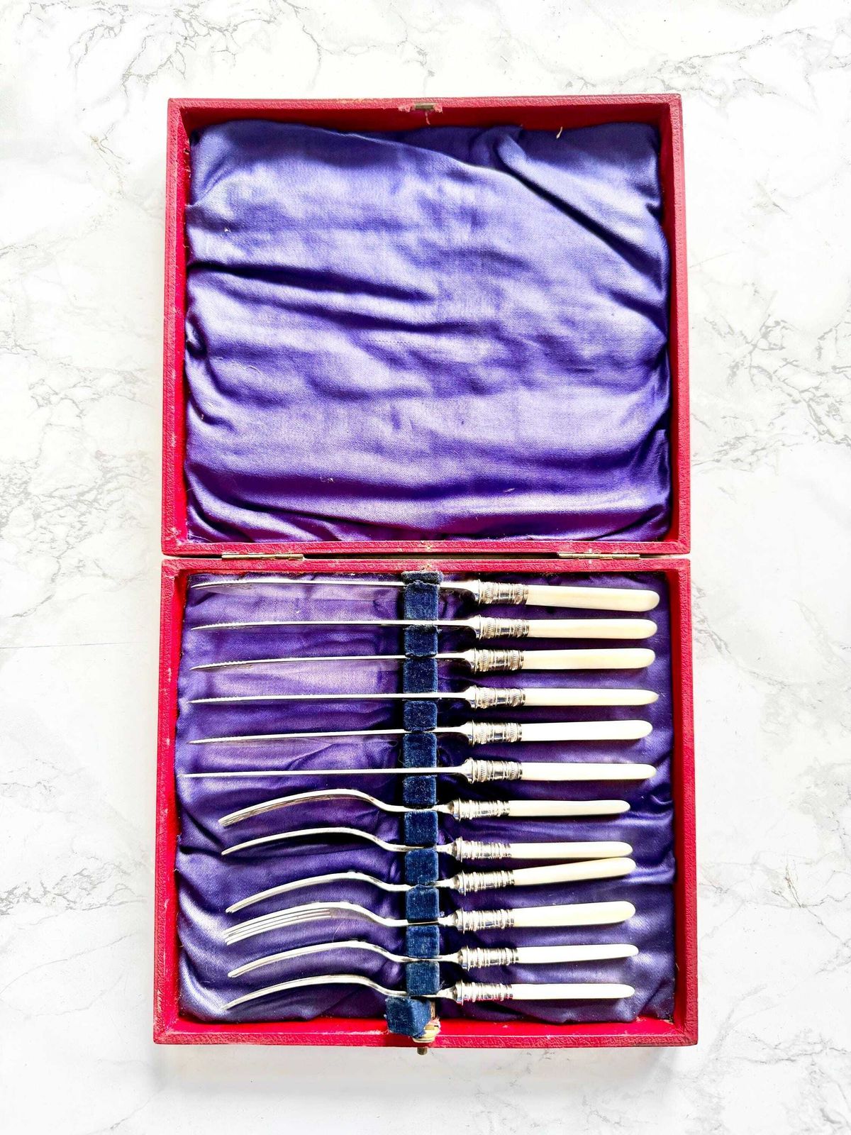 Antique Mother Of Pearl And Silver Plated English Made Set Of 12 Cutlery Pieces Engraved Blades Original Satin Lined Case 6 Forks 6 Knives photo furniture