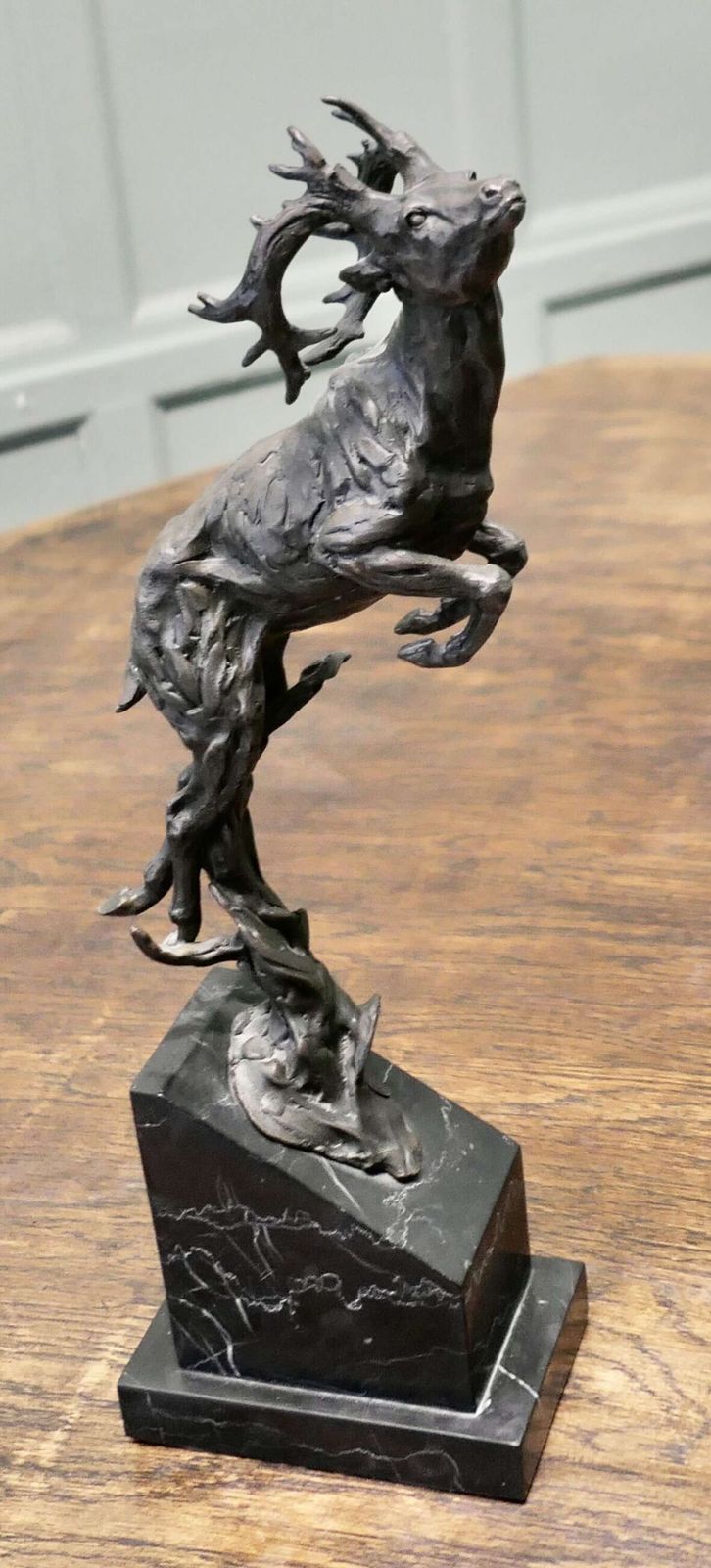 This Is A Signed Bronze Sculpture Of A Deer Jumping, Mounted On A Marble Plinth