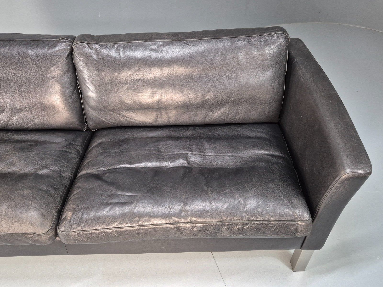 Vintage 3 Seater Stouby Sofa 1990s Black Leather Steel Legs Retro Mcm  Eb09079 photo for sale