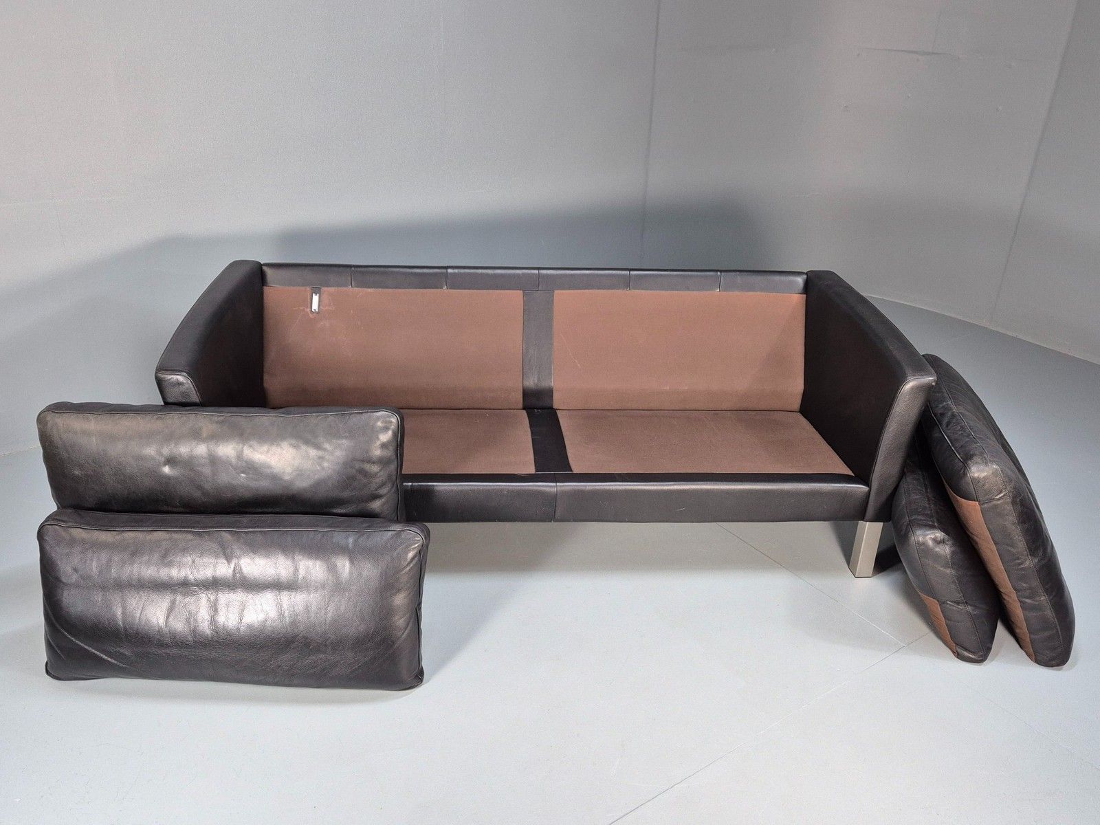 Vintage 3 Seater Stouby Sofa 1990s Black Leather Steel Legs Retro Mcm  Eb09079 photo vinterior