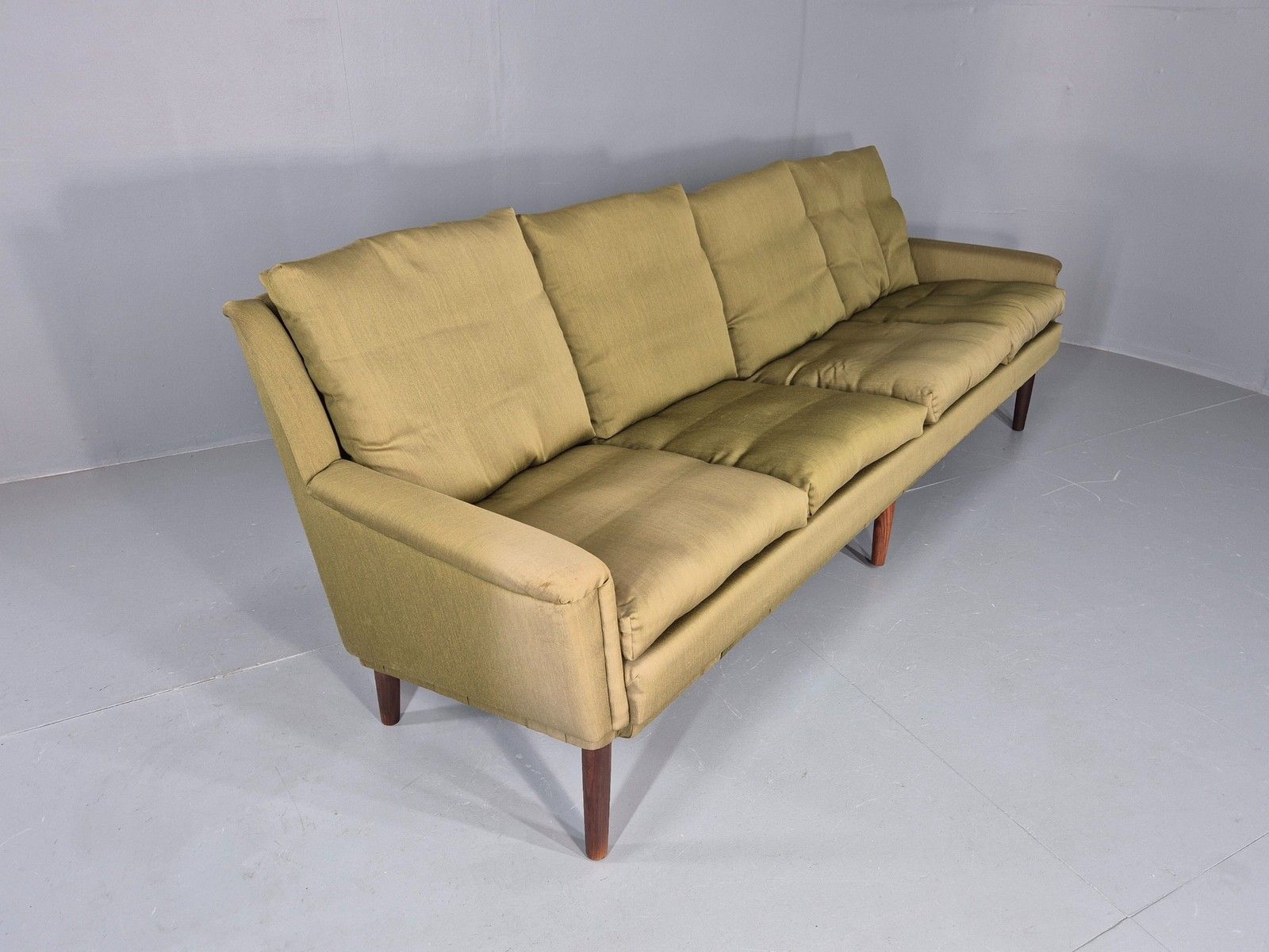 photo for sale Vintage Mid Century 4 Seat Sofa Green Cotton Upholstery 1960s Retro Eb11374