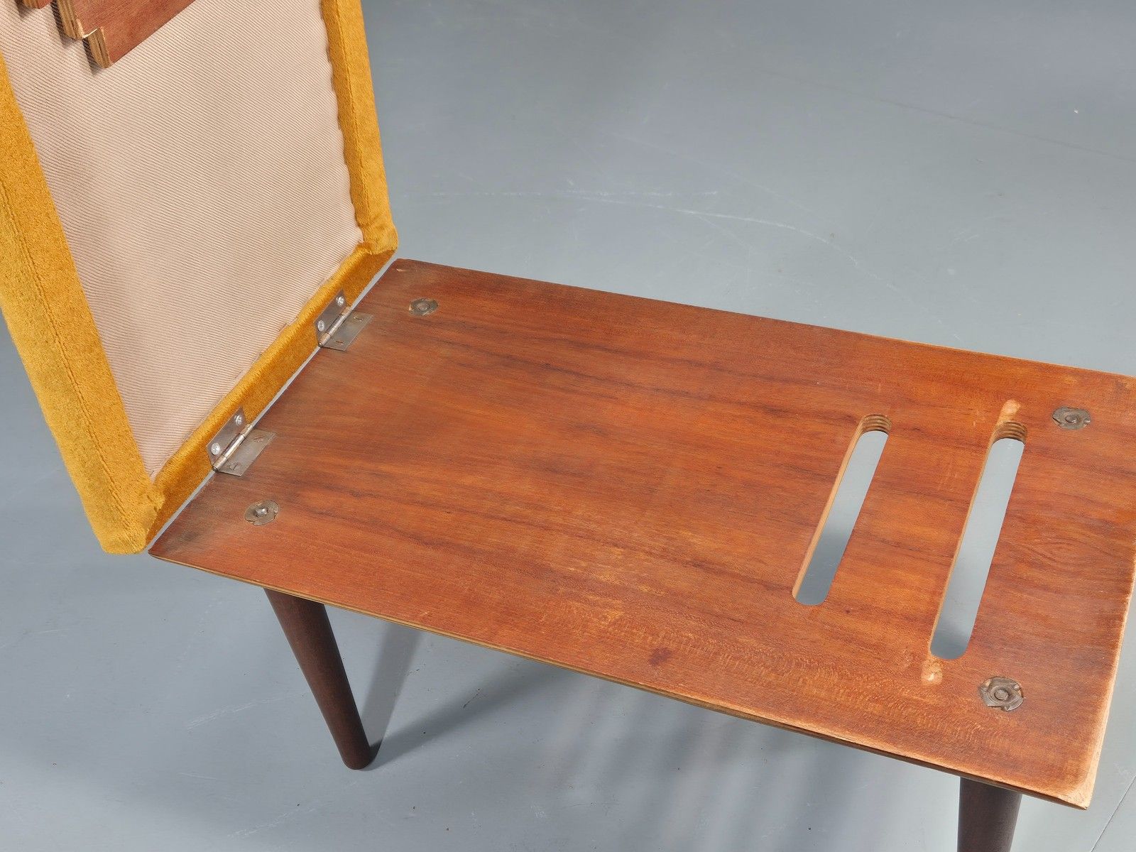 photo buy Vintage Mid Century Footstool Gold Velour Upholstery Teak Legs 60s Retro Eb11576