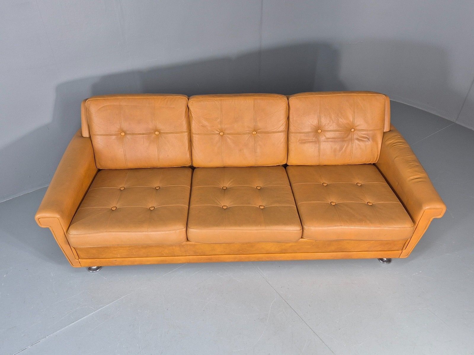 Vintage 3 Seater Mid Century Sofa Tan Leather 1970s Retro Chrome Feet  Eb11773 photo for sale