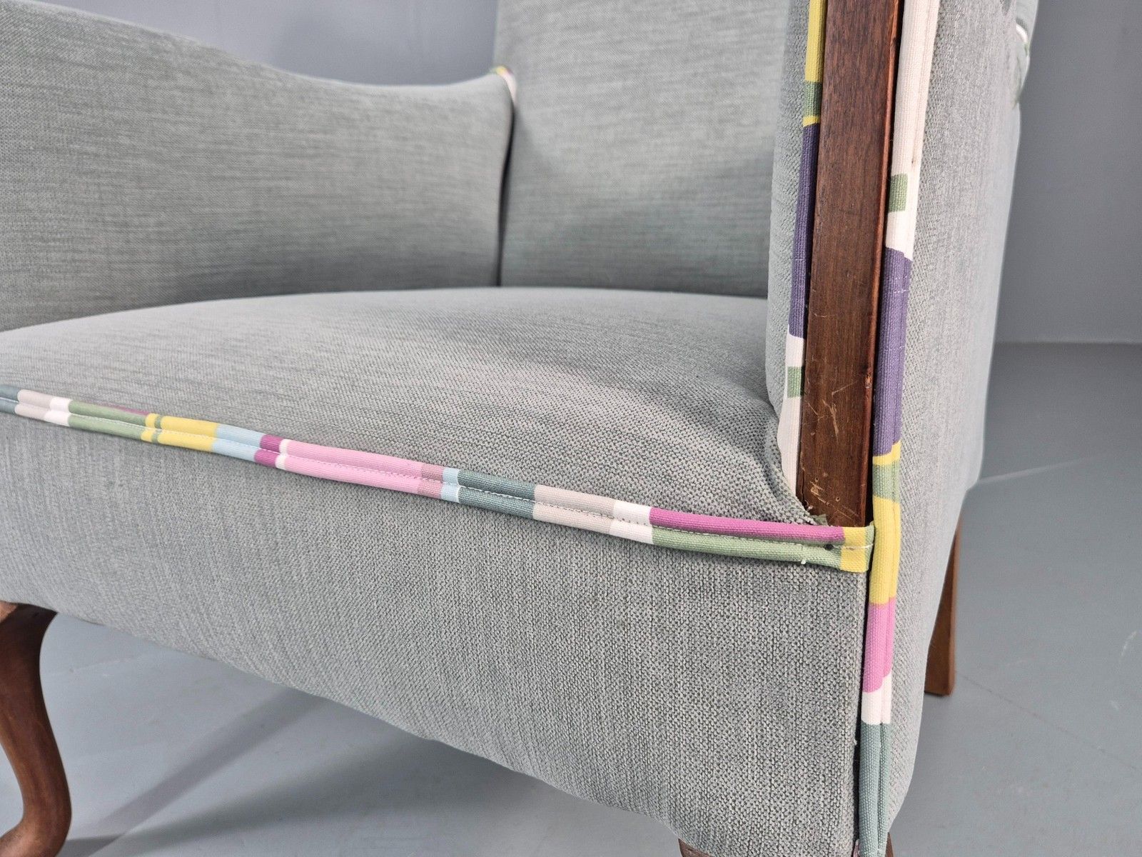 photo vintage Vintage 1920s Armchair Reupholstered In Grey Green With Colour Accent Eb11824