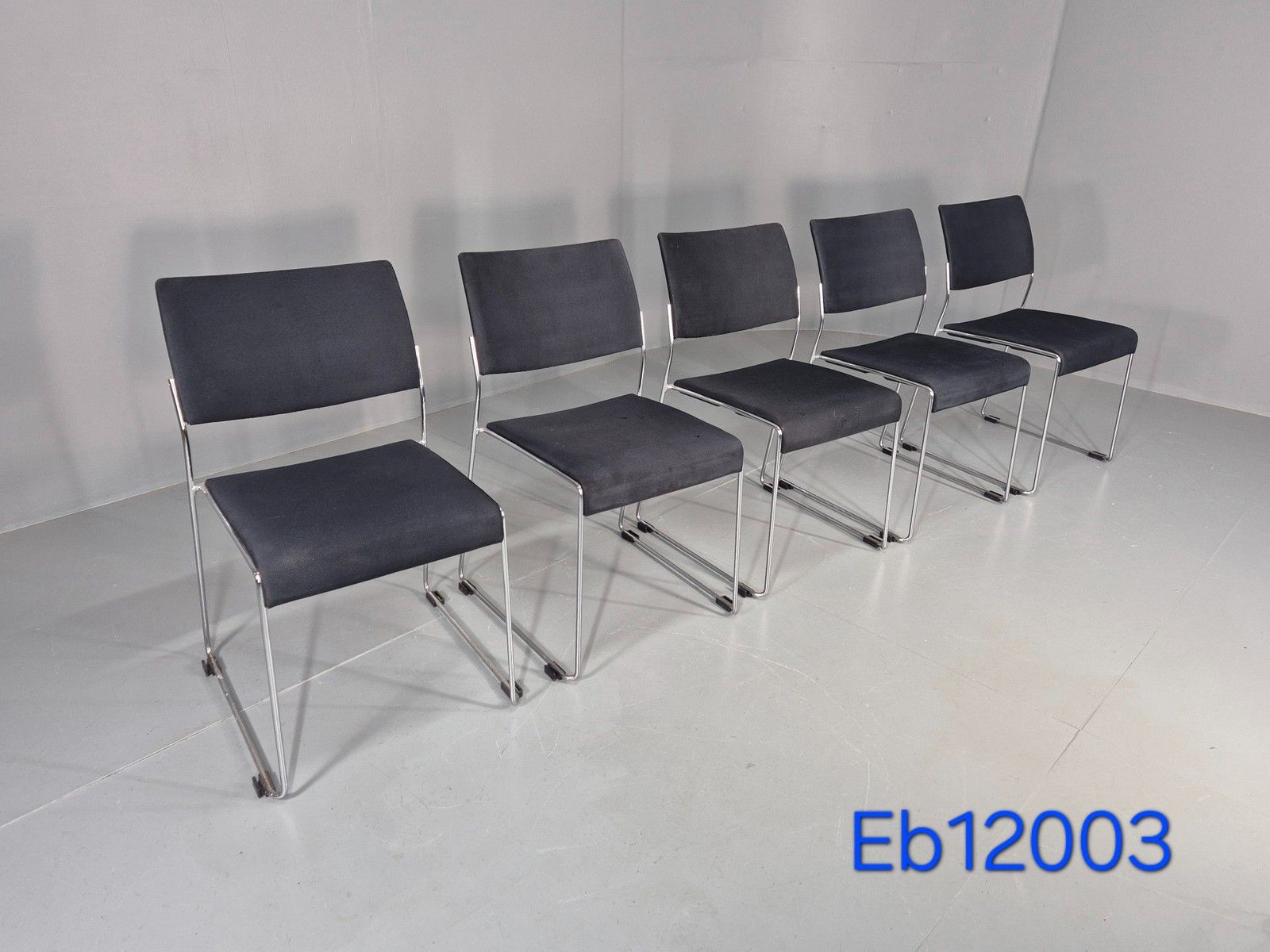 5 Vintage Stacking Chairs Chrome Rod And Black Cloth Brunner Brand Eb12003 photo furniture