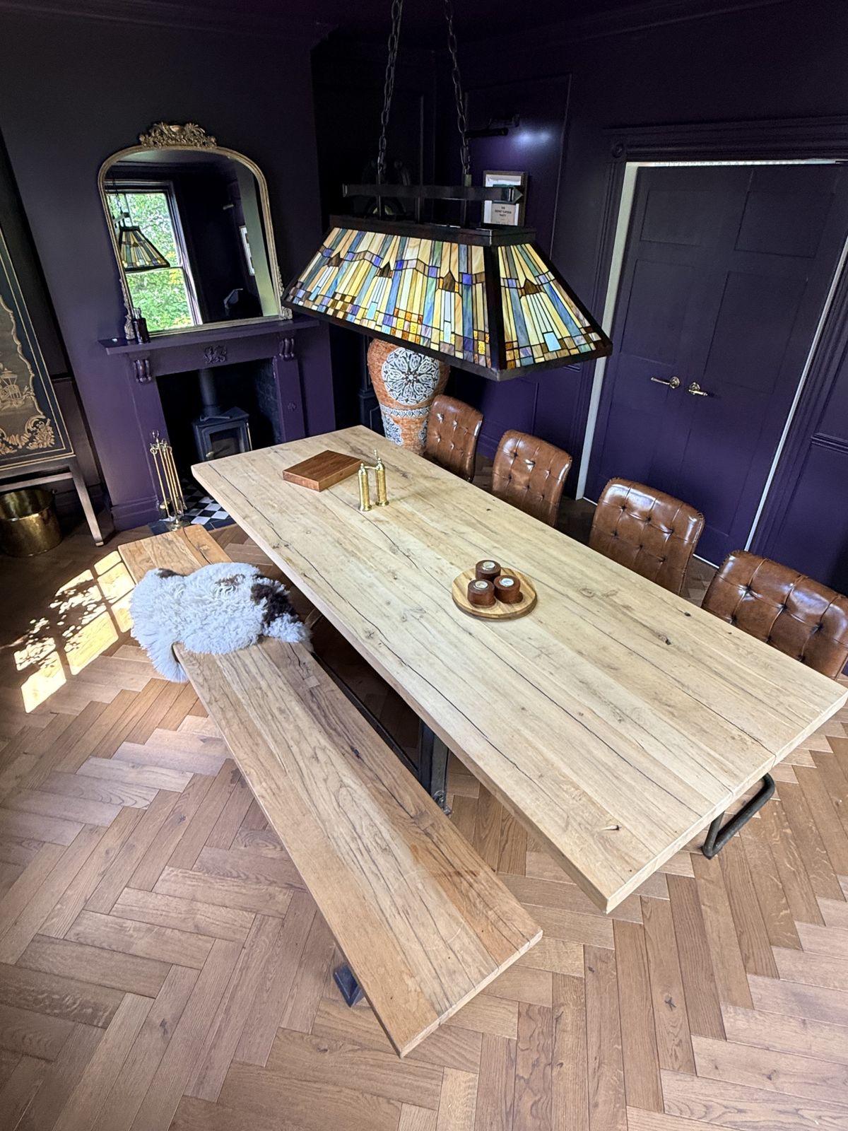 Bespoke Industrial Oak Dining Table Set With Original Henry Bamford & Sons Cast Iron Base,