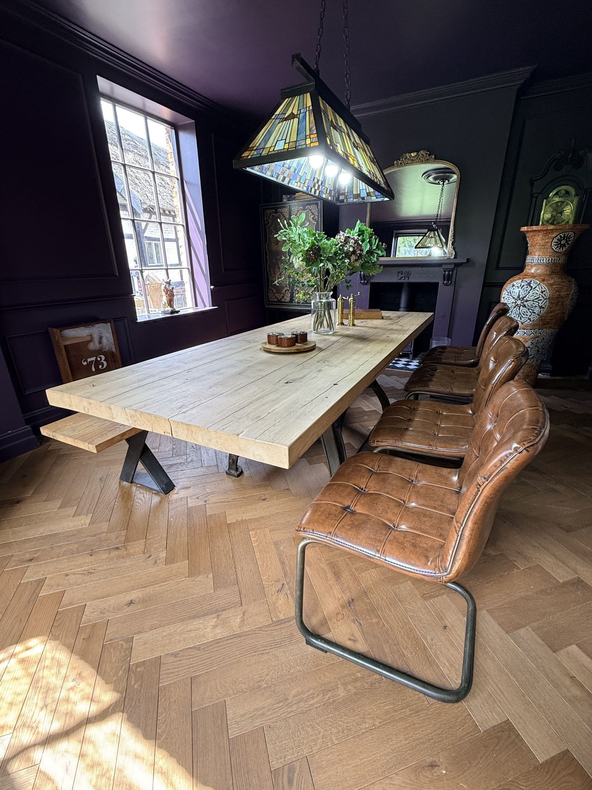 photo for sale Bespoke Industrial Oak Dining Table Set With Original Henry Bamford & Sons Cast Iron Base,