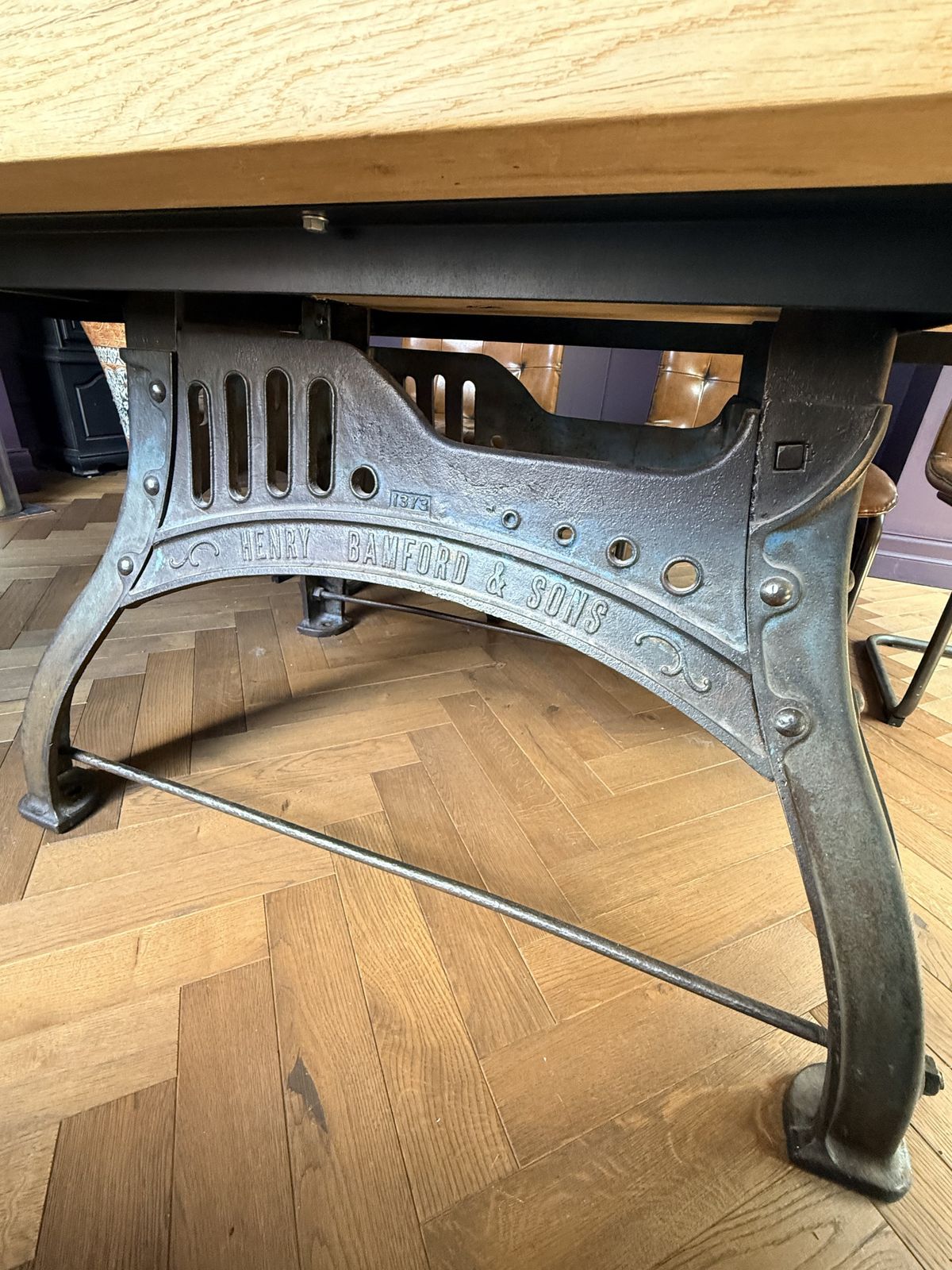 5000.0 Bespoke Industrial Oak Dining Table Set With Original Henry Bamford & Sons Cast Iron Base, photo