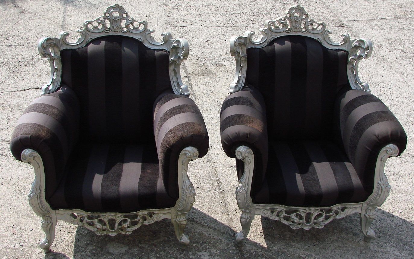 Een paar vintage fauteuils, jaren 1980, gelakt hout en stof photo vintage