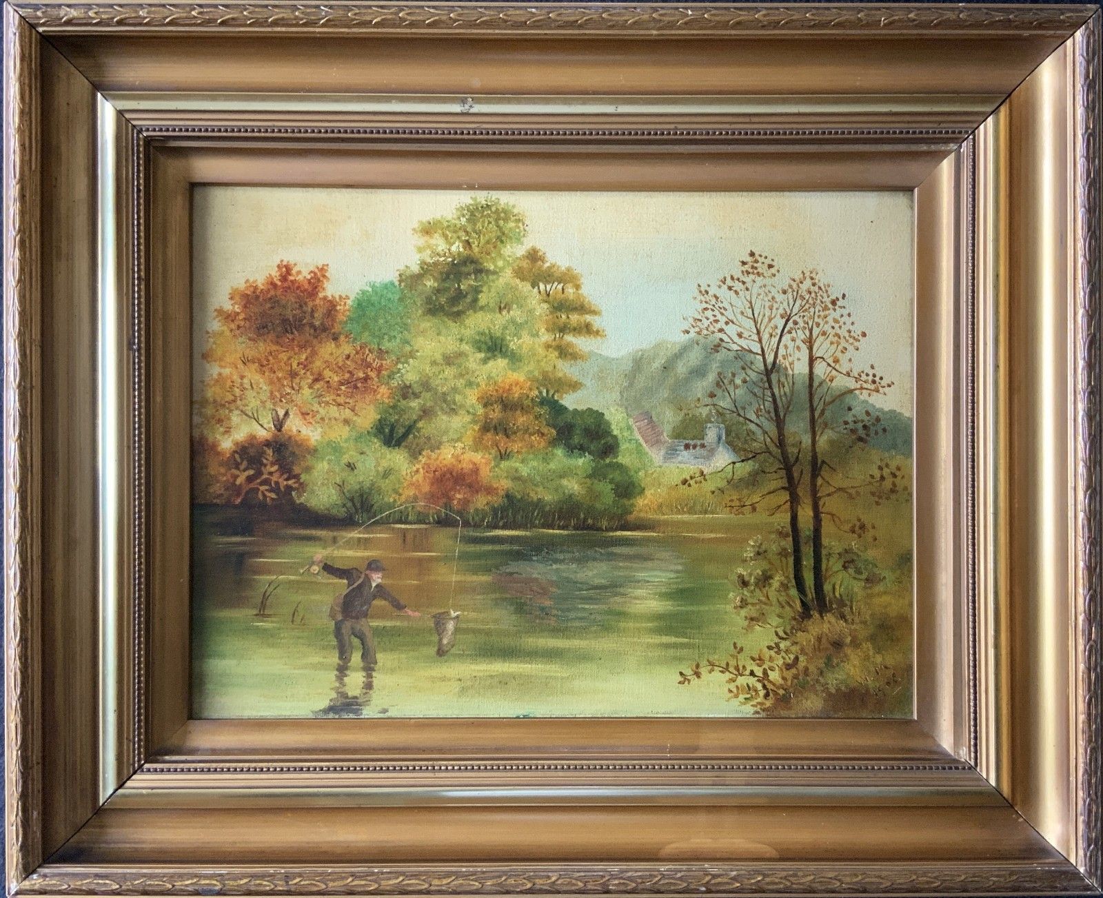 Edwardian Antique Trout Fishing Landscape Oil Painting Signed Original C.1908