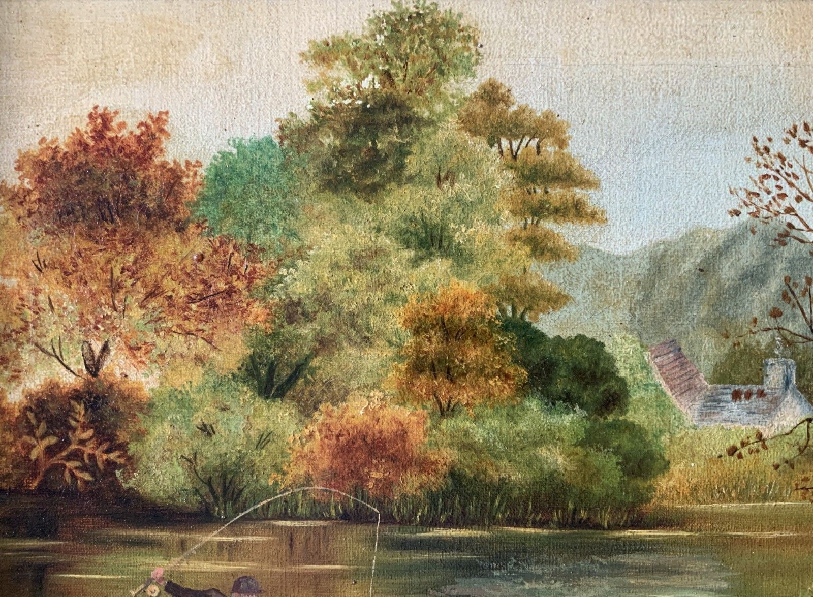 Art Edwardian Antique Trout Fishing Landscape Oil Painting Signed Original C.1908 photo
