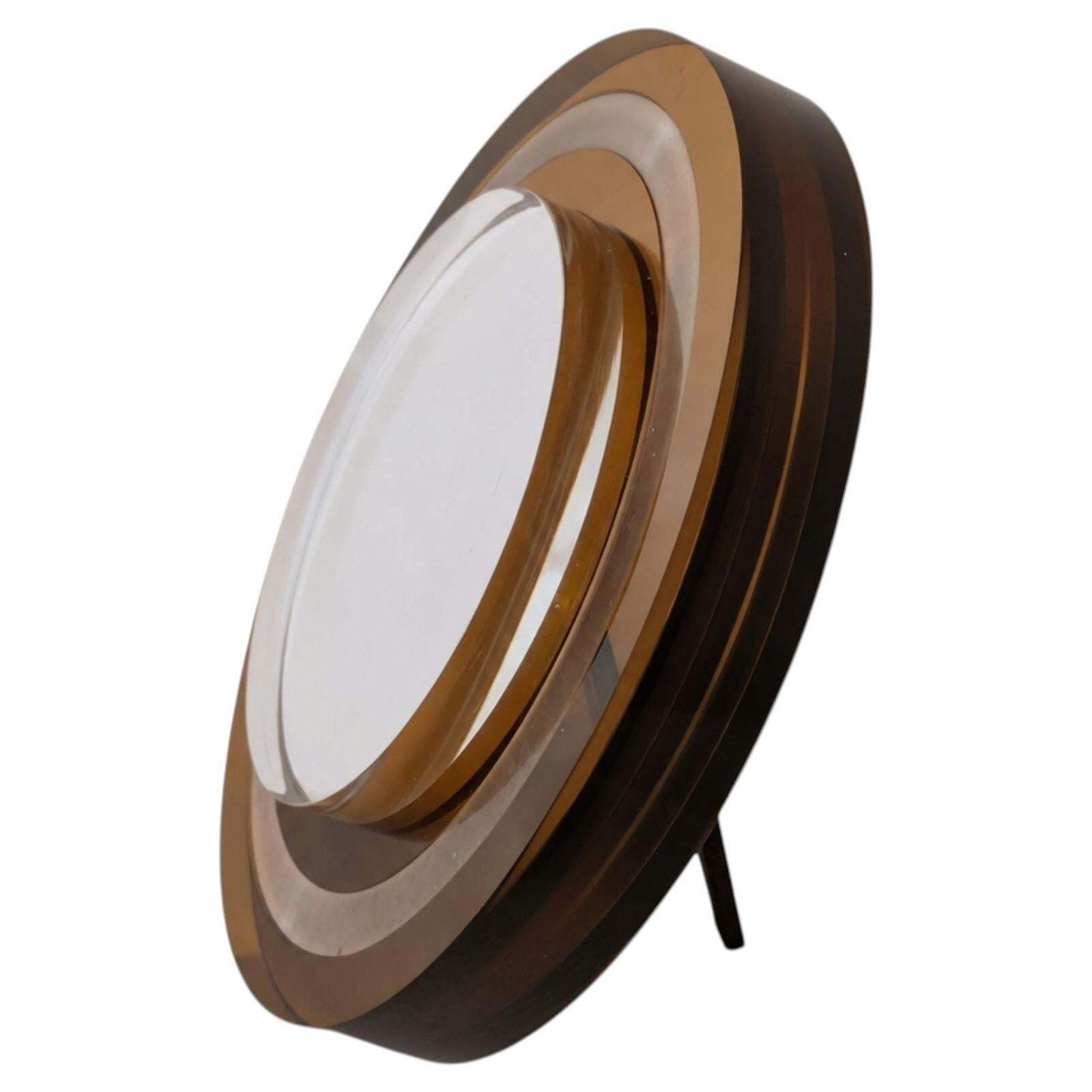 1970s Italian Round Amber Lucite Photo Frame With 925 Silver Band.