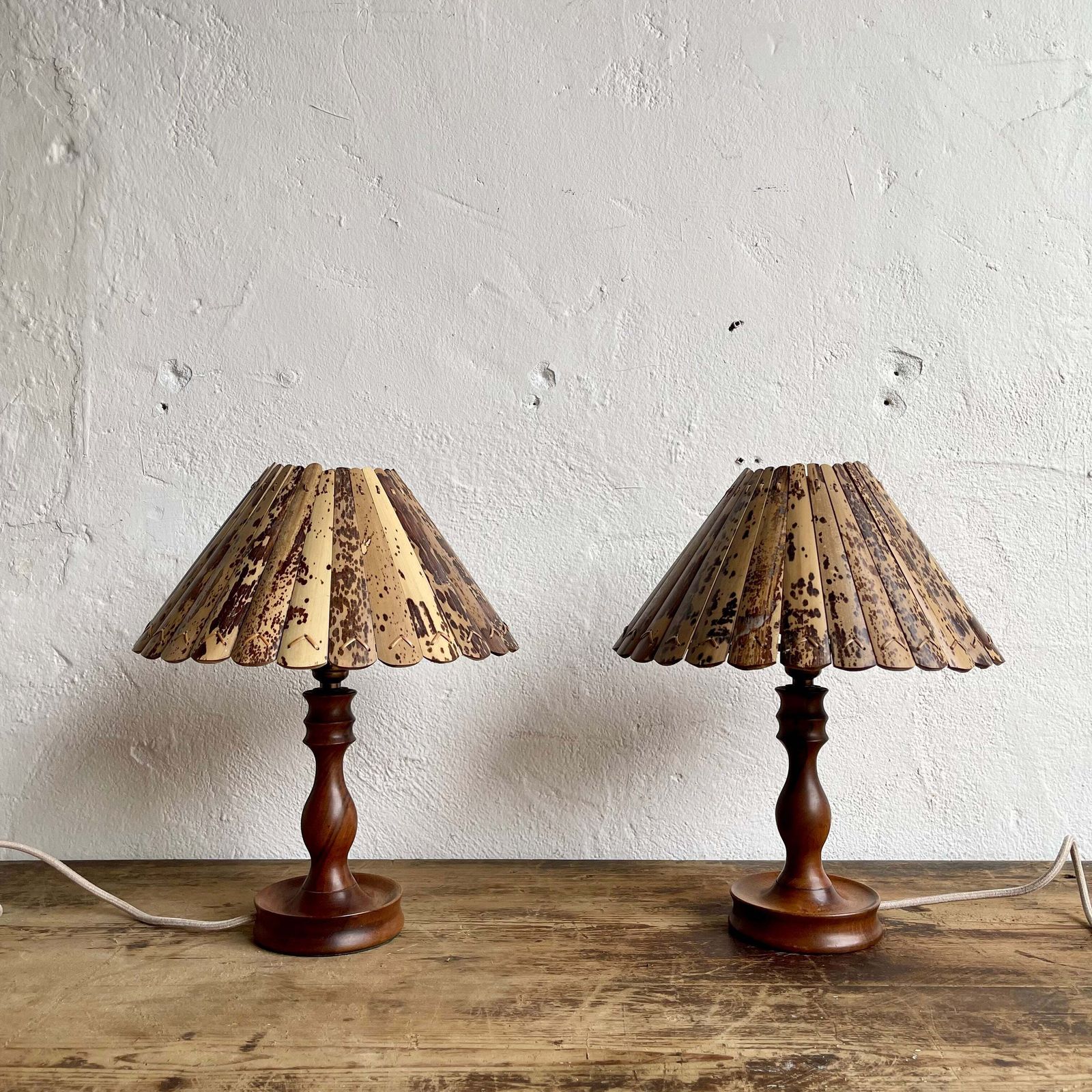 Pair Of Vintage Wooden Lamps + Bamboo Shades