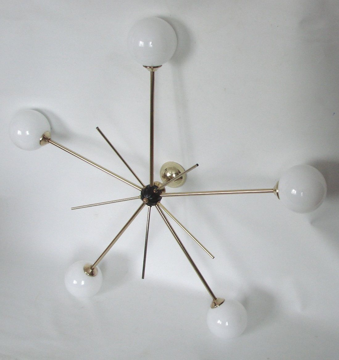 Stilnovo Hanglamp, jaren 1960, Messing en Glas, 5 Lichtpunten photo Verlichting