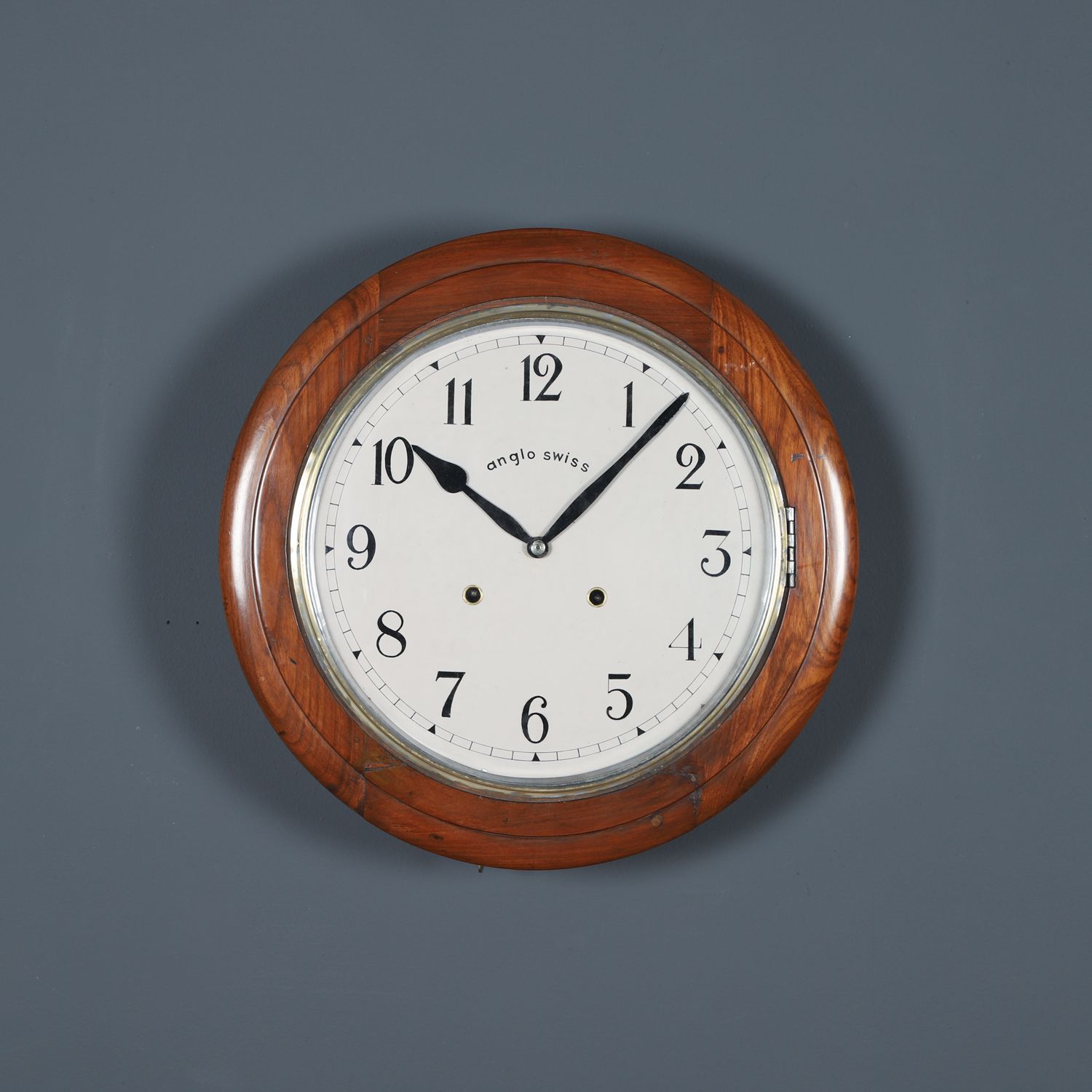 Antique 16" Anglo Swiss Mahogany Railway Station / School Wall Clock (Chiming / Striking)
