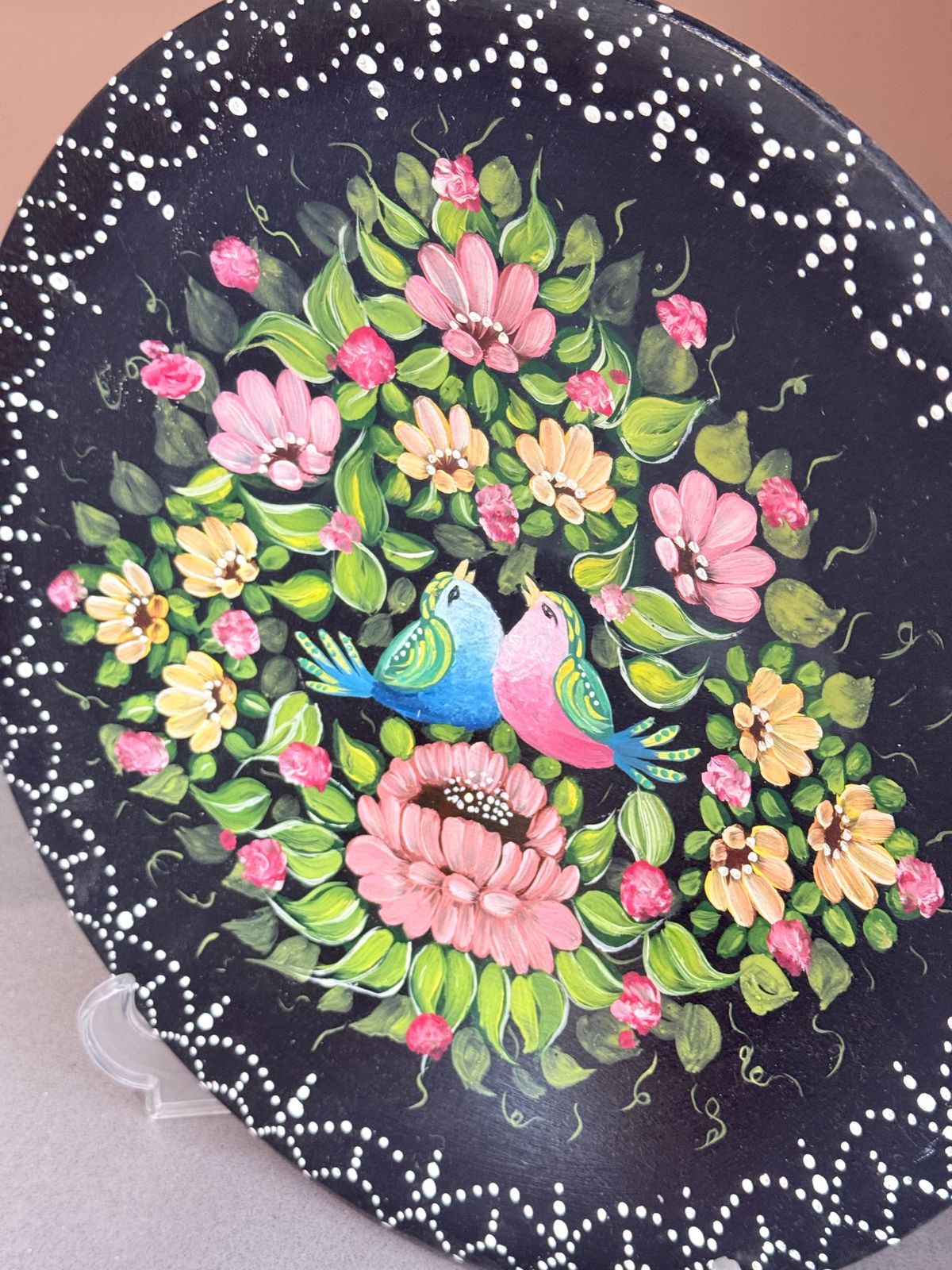 Set Of 3 Hand Painted Folk Art Decorative Plates With Floral & Bird Motifs Home photo buy