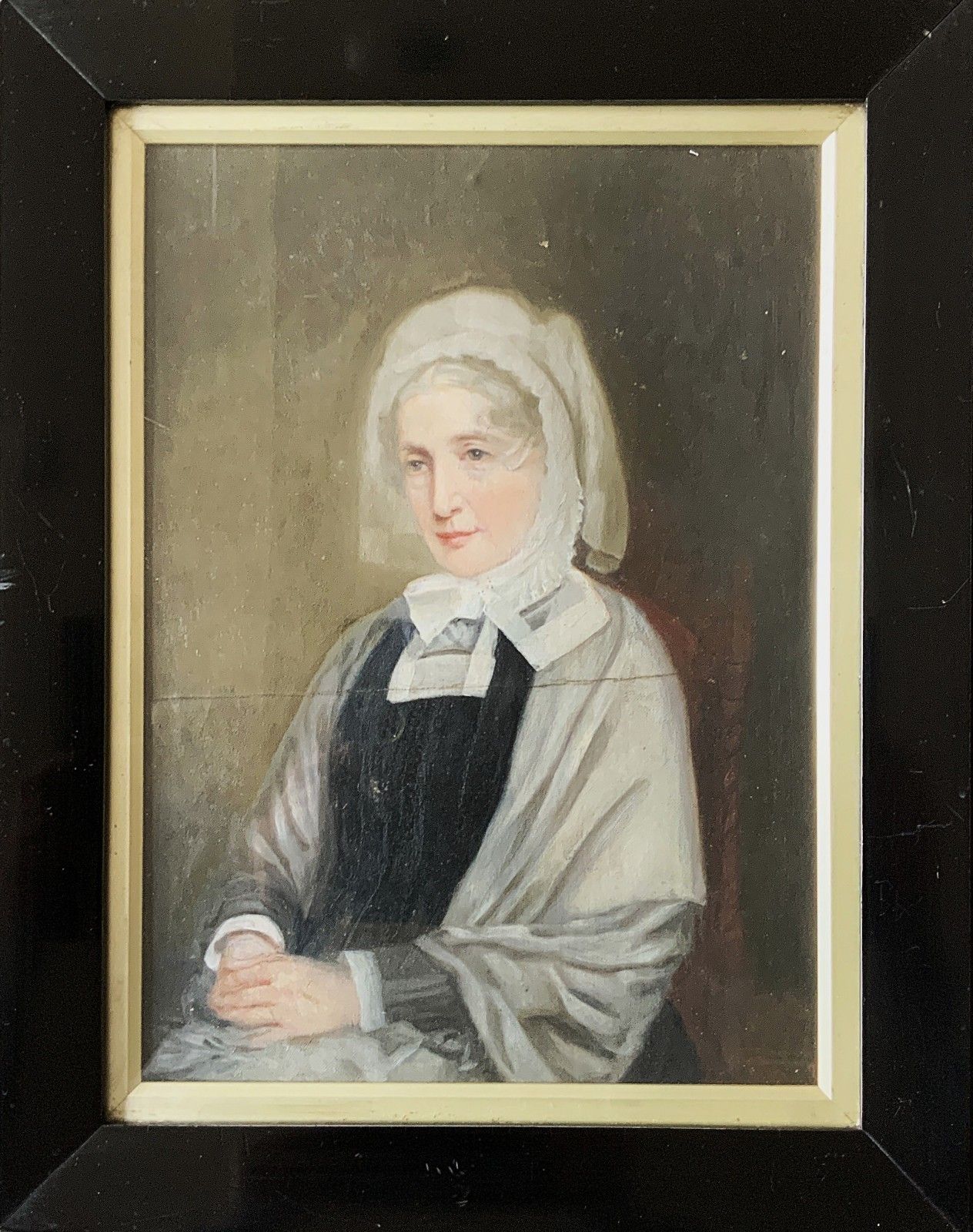 Oil Portrait Painting 19th Century Victorian Lady Wearing A Bonnet, Ebony Framed