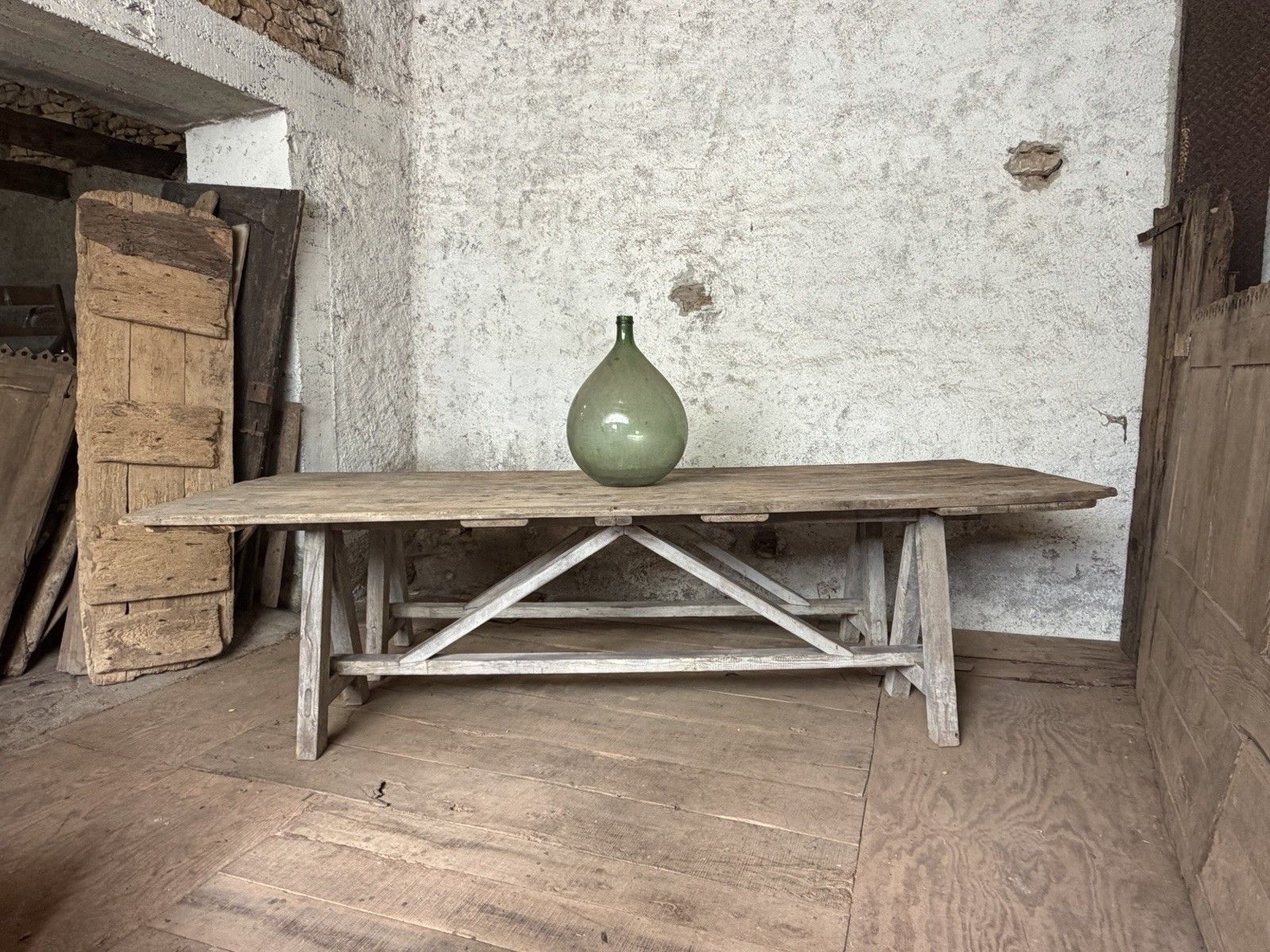 Large Antique French Harvest / Farmhouse Work Trestle Table . Ash & Oak .