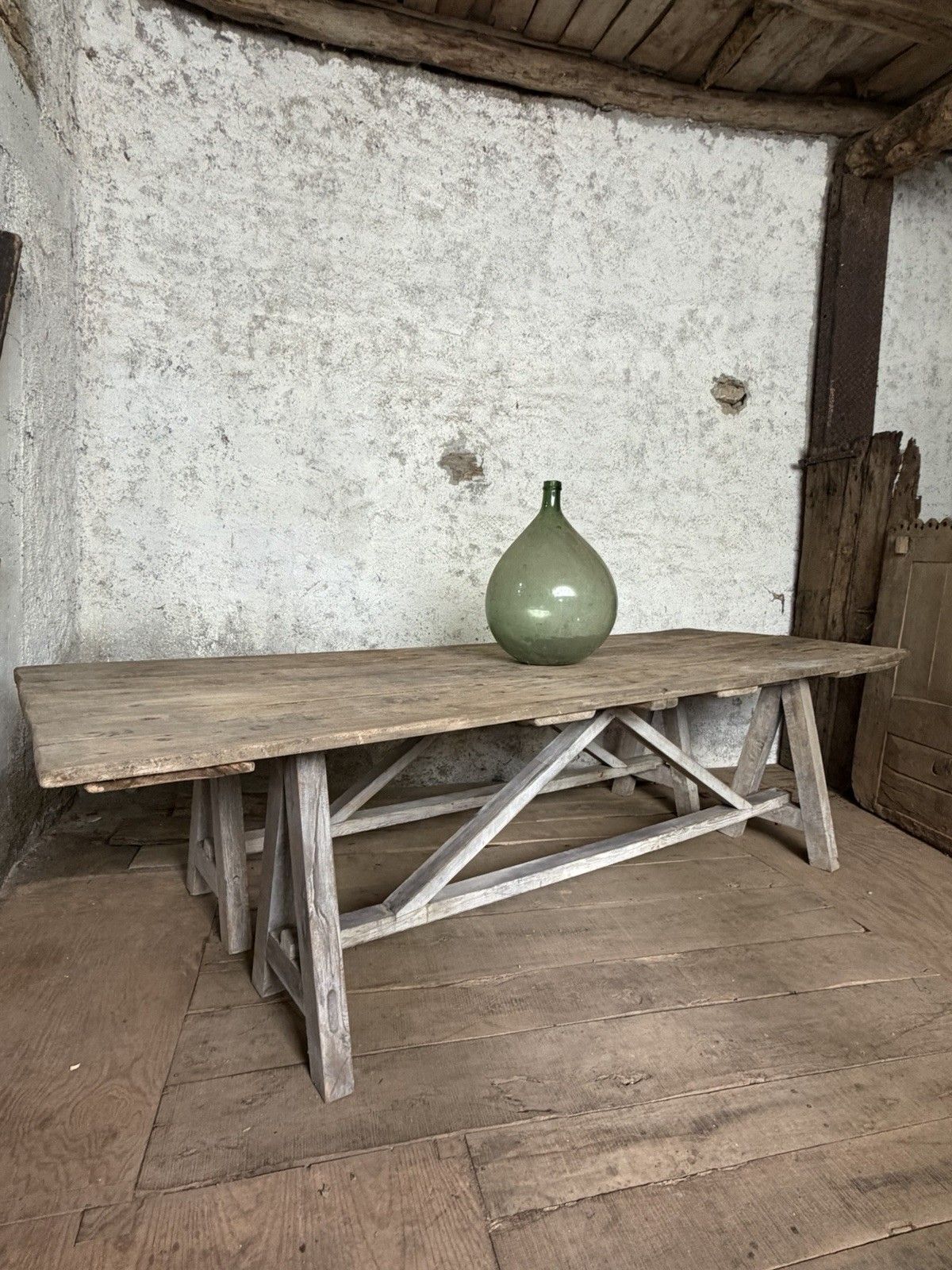 Large Antique French Harvest / Farmhouse Work Trestle Table . Ash & Oak . photo furniture