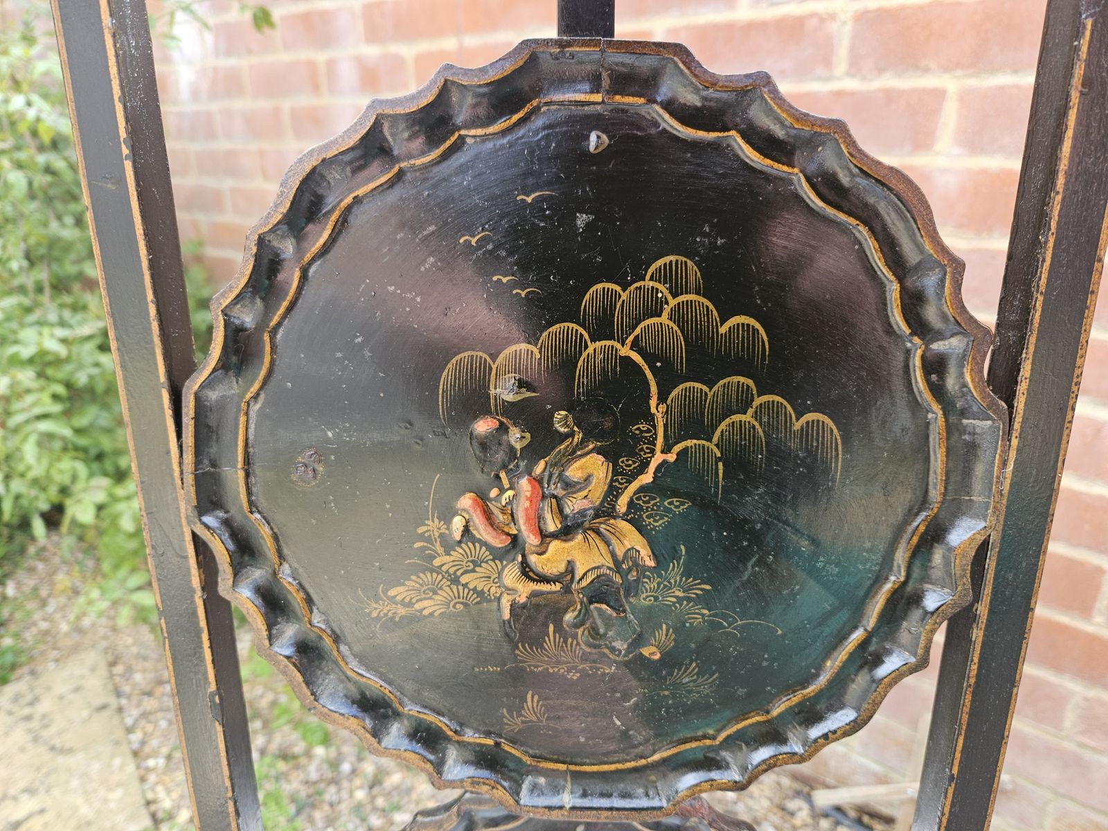 photo vinterior Antique 20th Century Tier Black Laquered Folding Chinoiserie Cake Stand C.1900