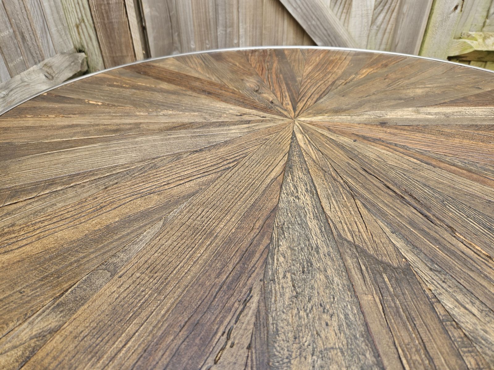 Orsina Mitra Modern Chrome & Elm Wood Coffee Table Reclaimed Wood Sunburst Style photo vinterior