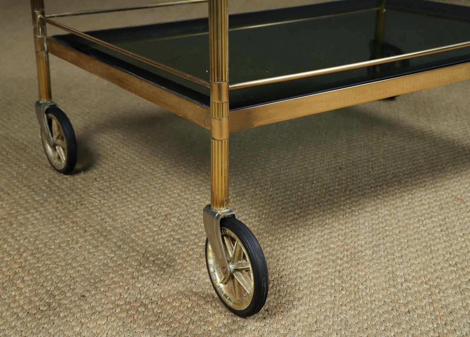 Vintage French Mid Century Brass & Smoked Glass Drinks Serving Trolley Bar Cart (Circa 1960) photo 795.0