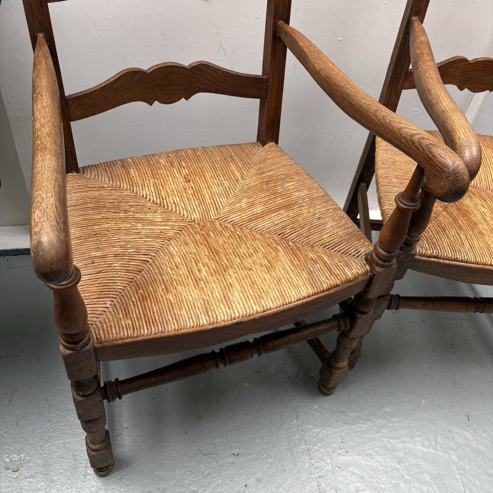 Furniture Pair Of Provincial French Country Oak Rush Seat Ladderback Carver Dining Chairs photo