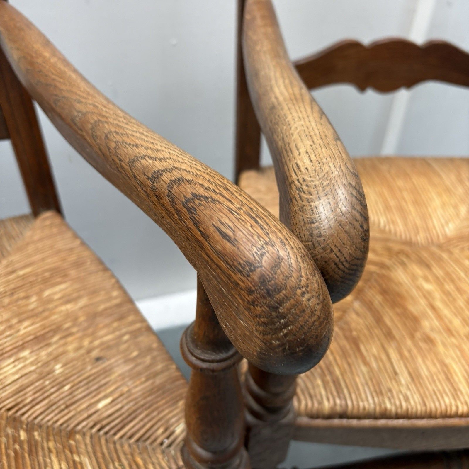 240.0 Pair Of Provincial French Country Oak Rush Seat Ladderback Carver Dining Chairs photo