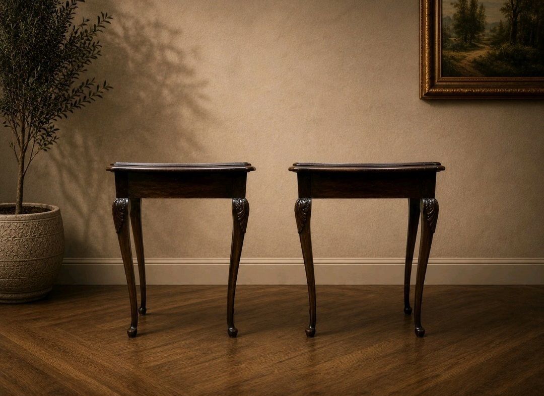 Vintage Burr Walnut Queen Anne Occasional Tables Pair photo for sale
