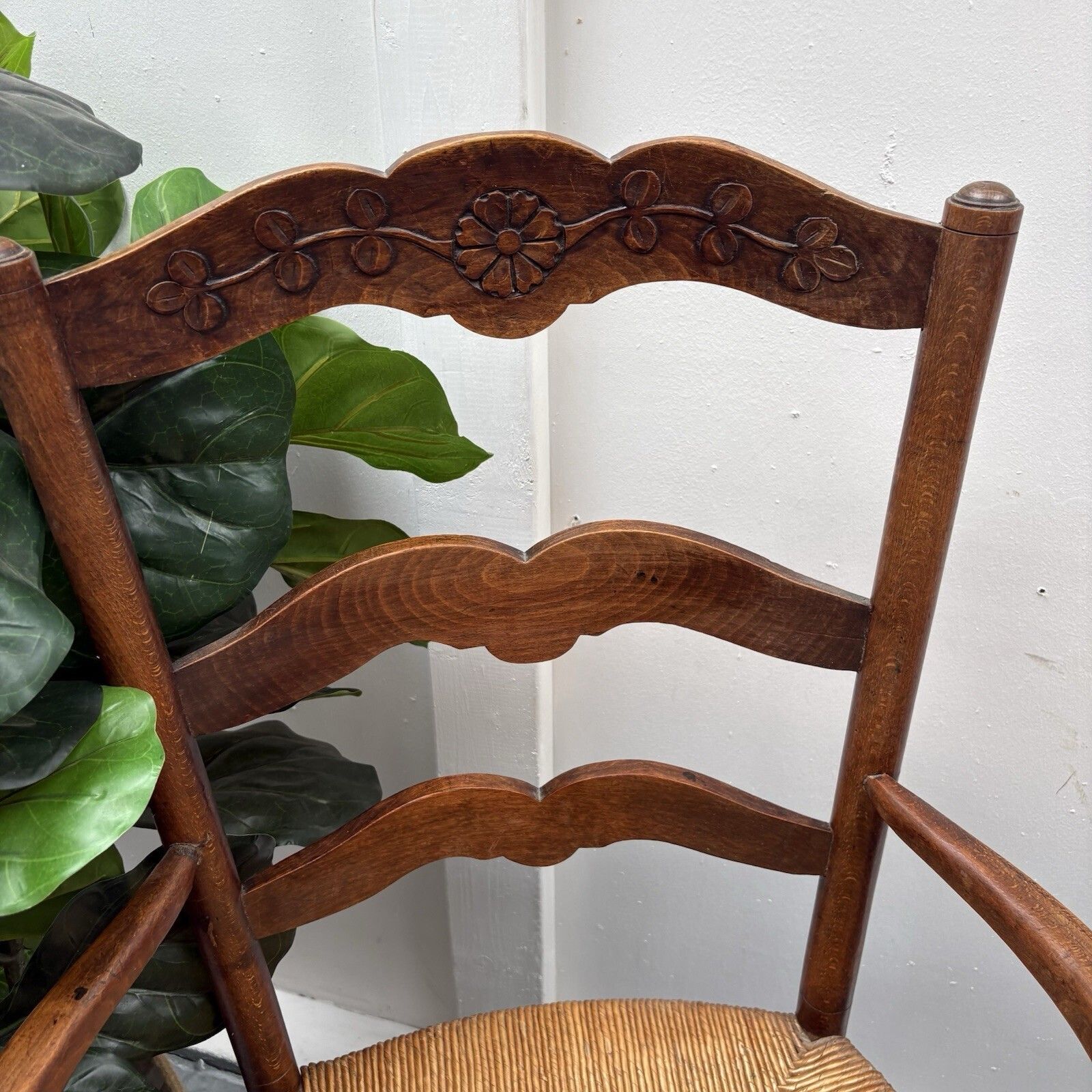Pair Of Provincial French Country Oak Rush Seat Ladderback Carver Dining Chairs photo for sale