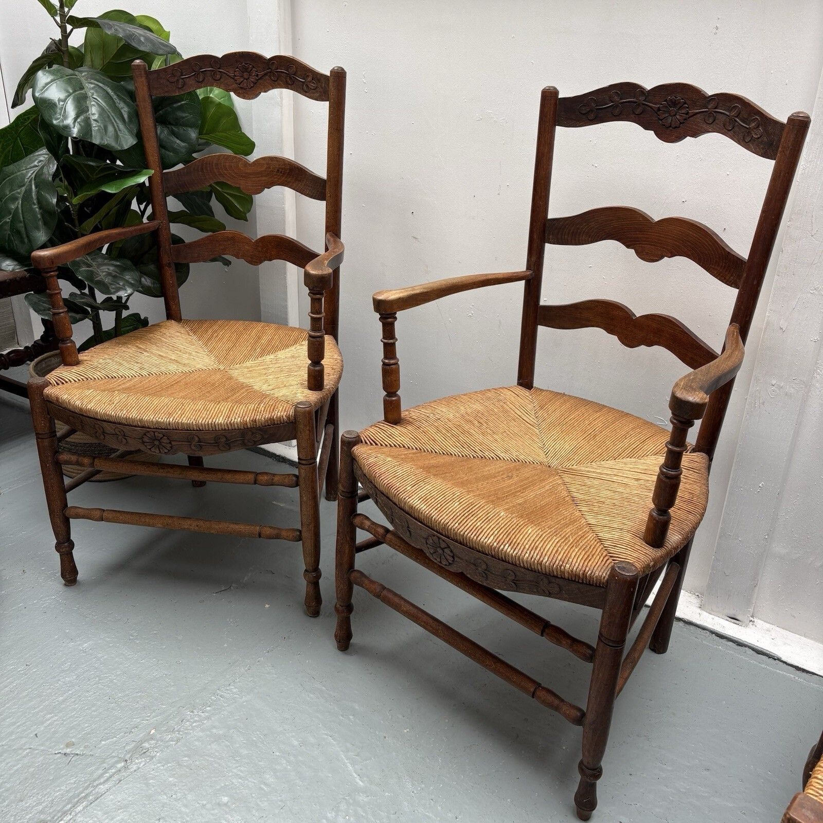 Pair Of Provincial French Country Oak Rush Seat Ladderback Carver Dining Chairs photo vintage