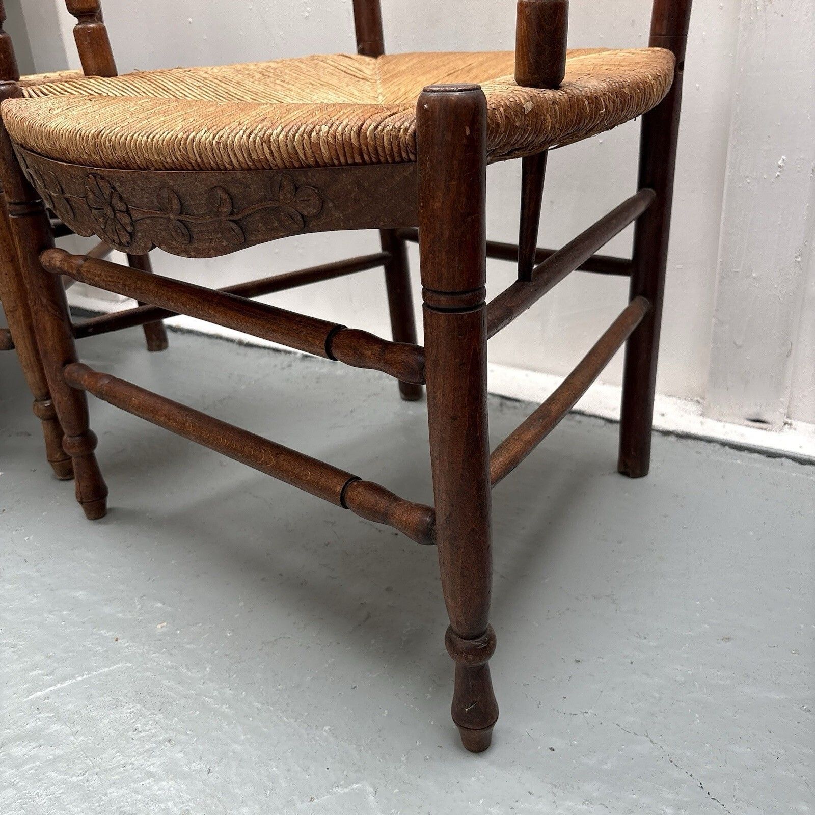 photo for sale Pair Of Provincial French Country Oak Rush Seat Ladderback Carver Dining Chairs